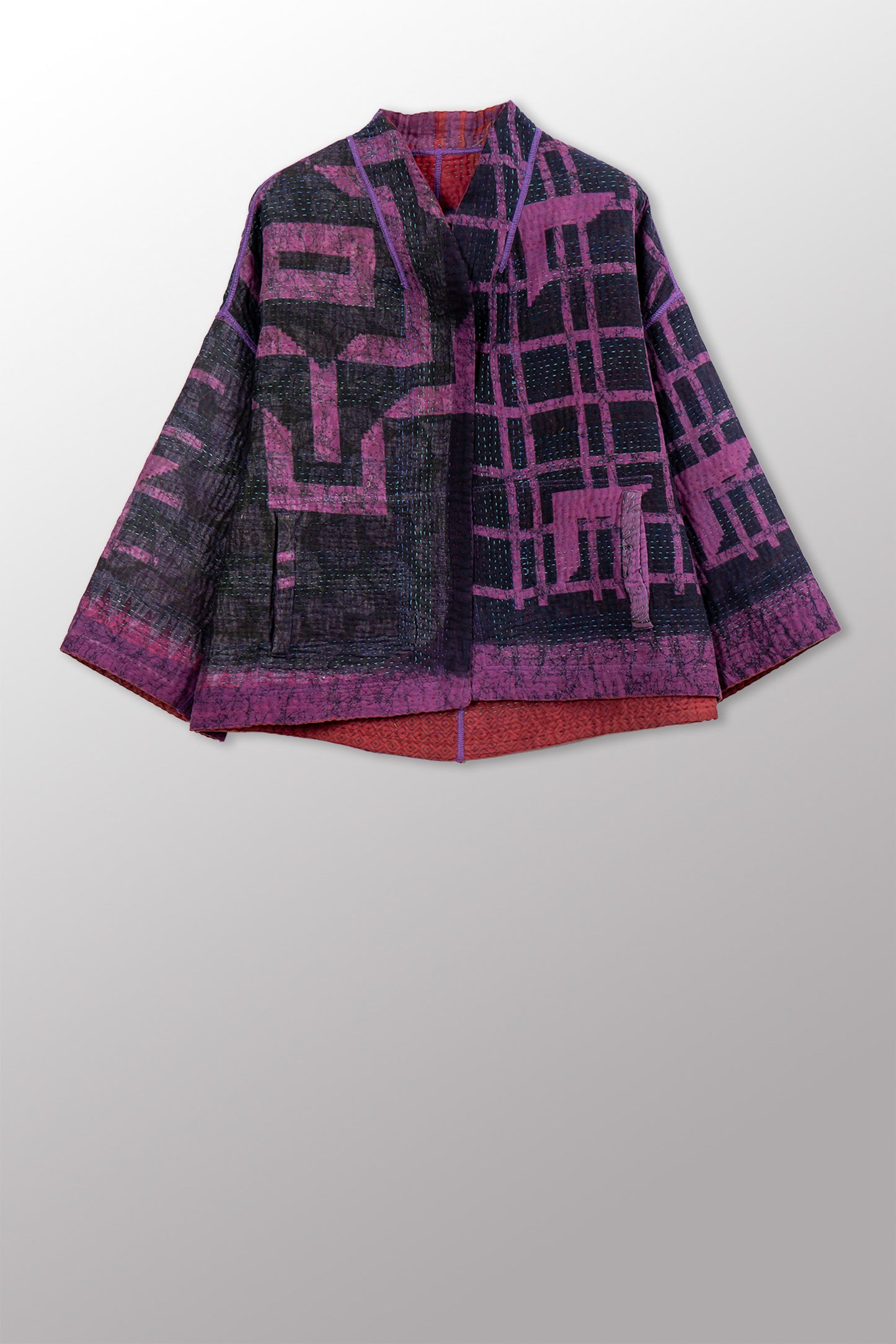 COTTON OVERDYE KANTHA STAND COLLAR CROPPED JKT - ov4034-cprp001a -