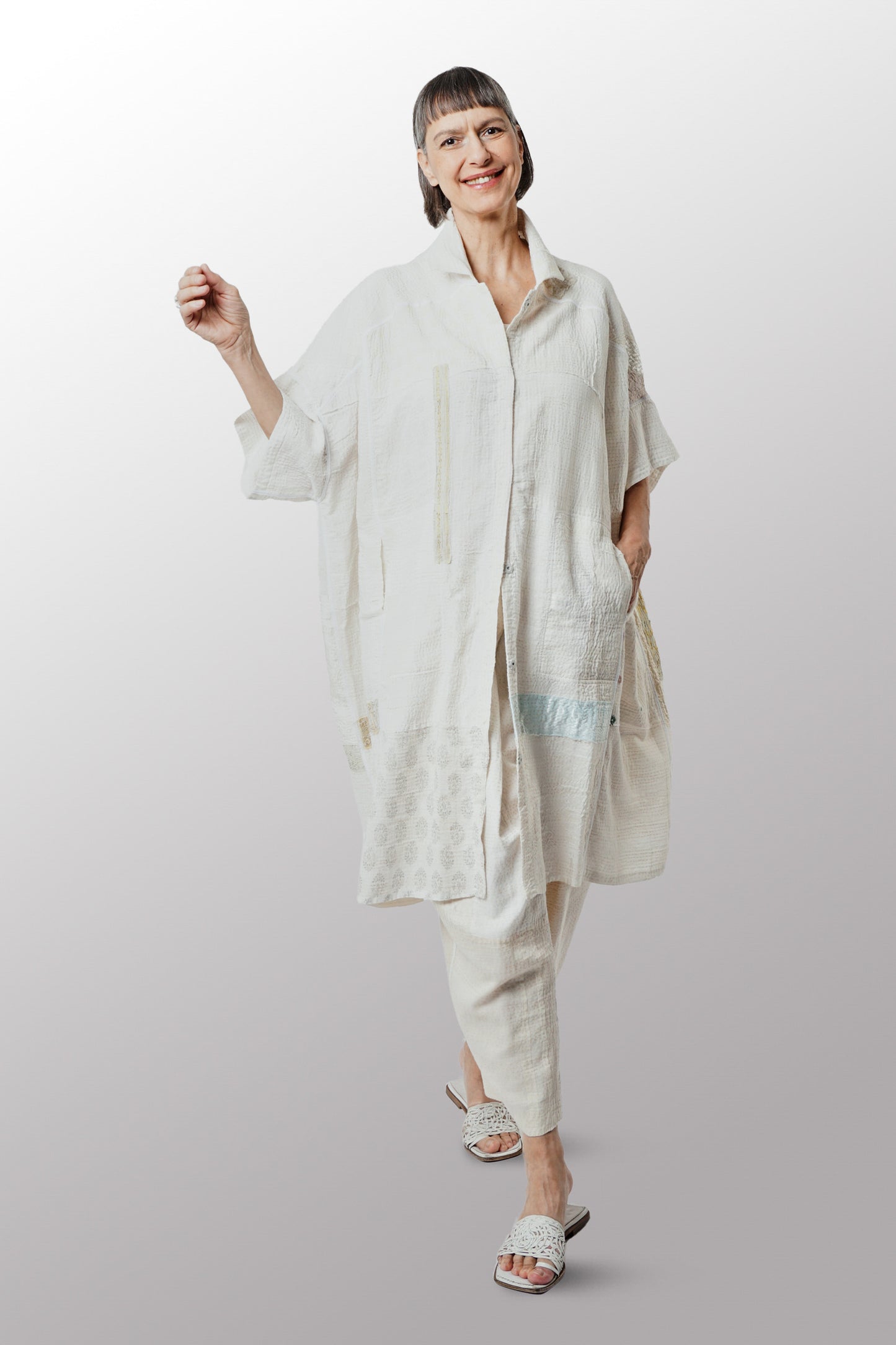 FRAYED PATCH KANTHA WIDE SHIRT DRESS - fi2448-ivy -