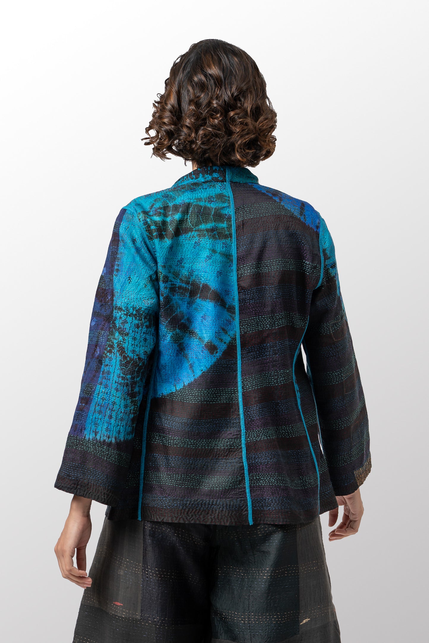 TIE DYE CIRCLE SHIBORI KANTHA SHORT JACKET - td2007-blu -