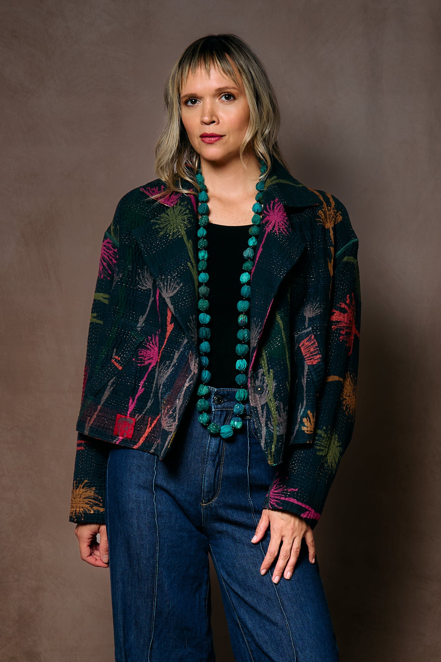FLOWER PRINT WITH CHECKERED PATCH NEW LAPELED SHORT JACKET - fc4j101-blk -