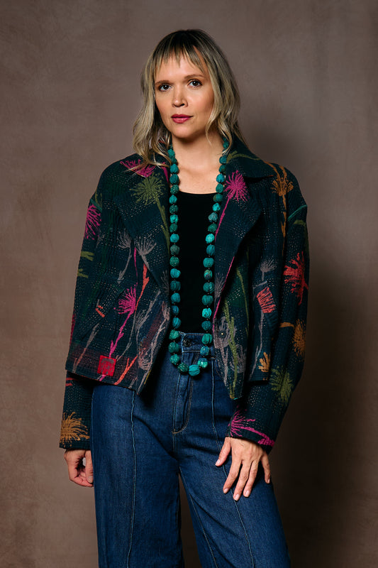 FLOWER PRINT WITH CHECKERED PATCH NEW LAPELED SHORT JACKET - fc4j101-blk -