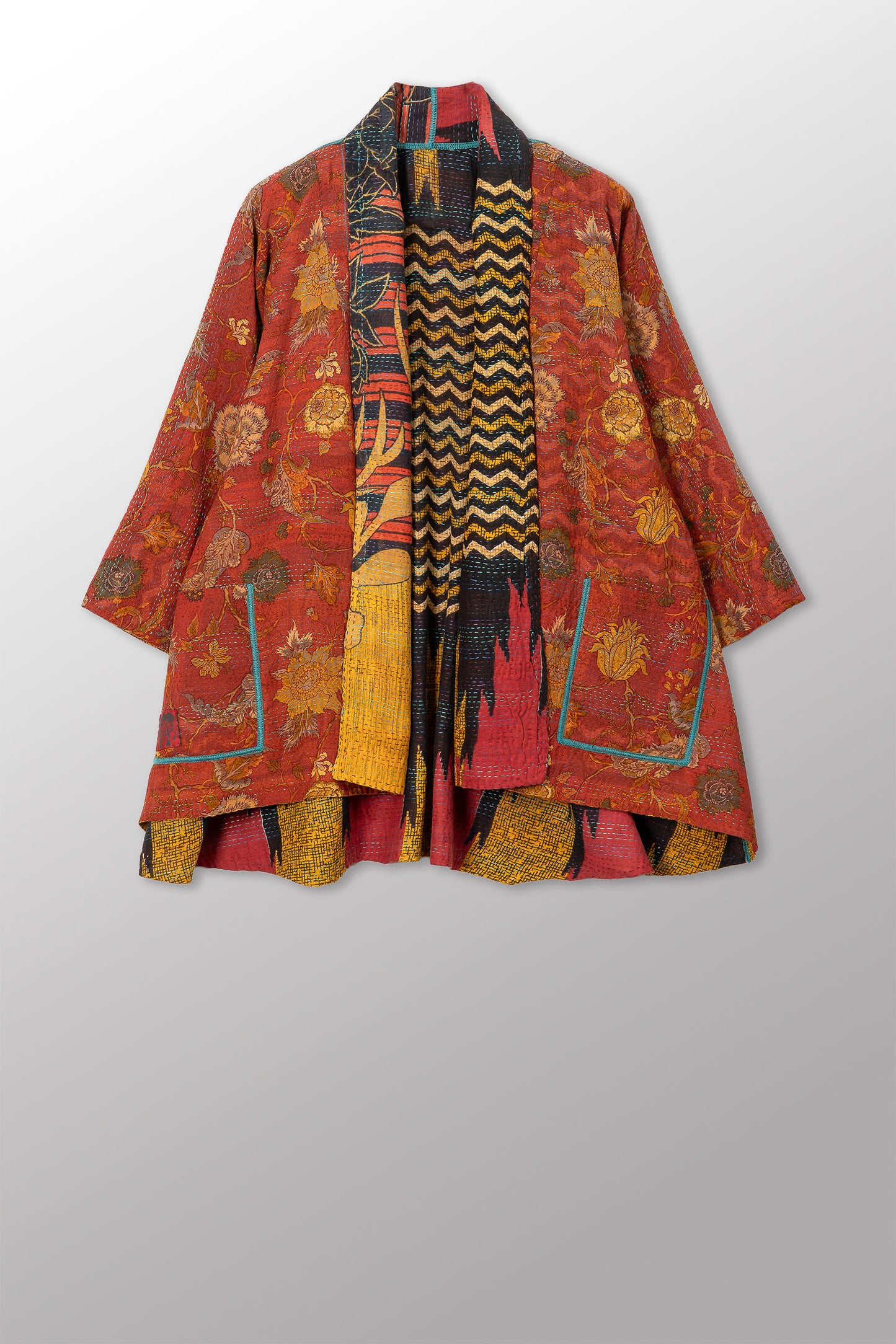 VINTAGE SILK GEORGETTE COTTON KANTHA KIMONO JKT - gc2004-0009a -