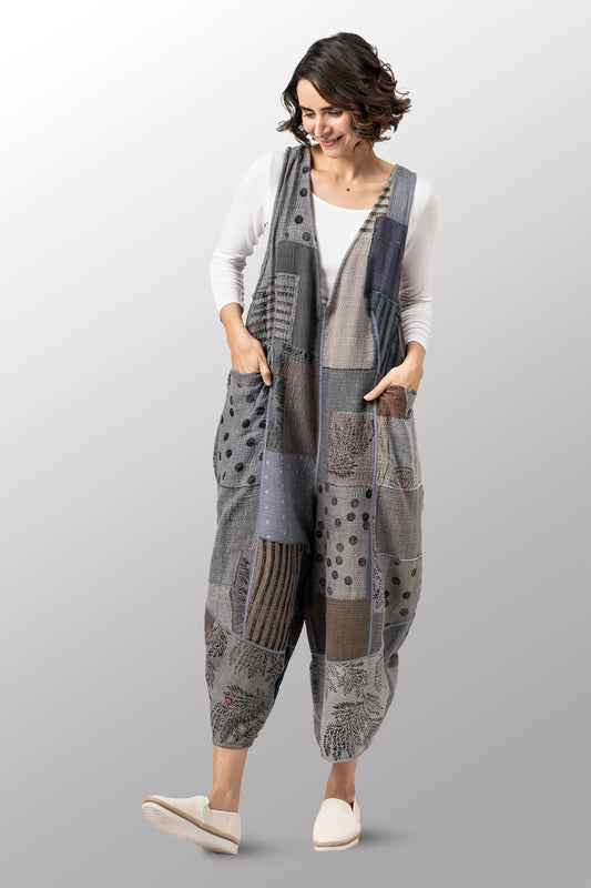 SP-FI2622-CGRYM @FRAYED PATCH KANTHA V-NECK JUMPER