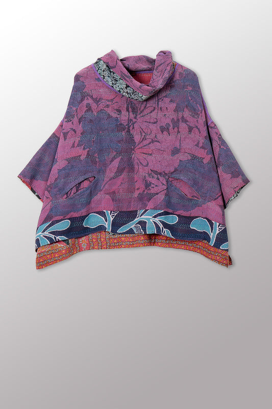 VINTAGE SILK GEORGETTE COTTON KANTHA COWL NECK PONCHO - gc2061-0003a -