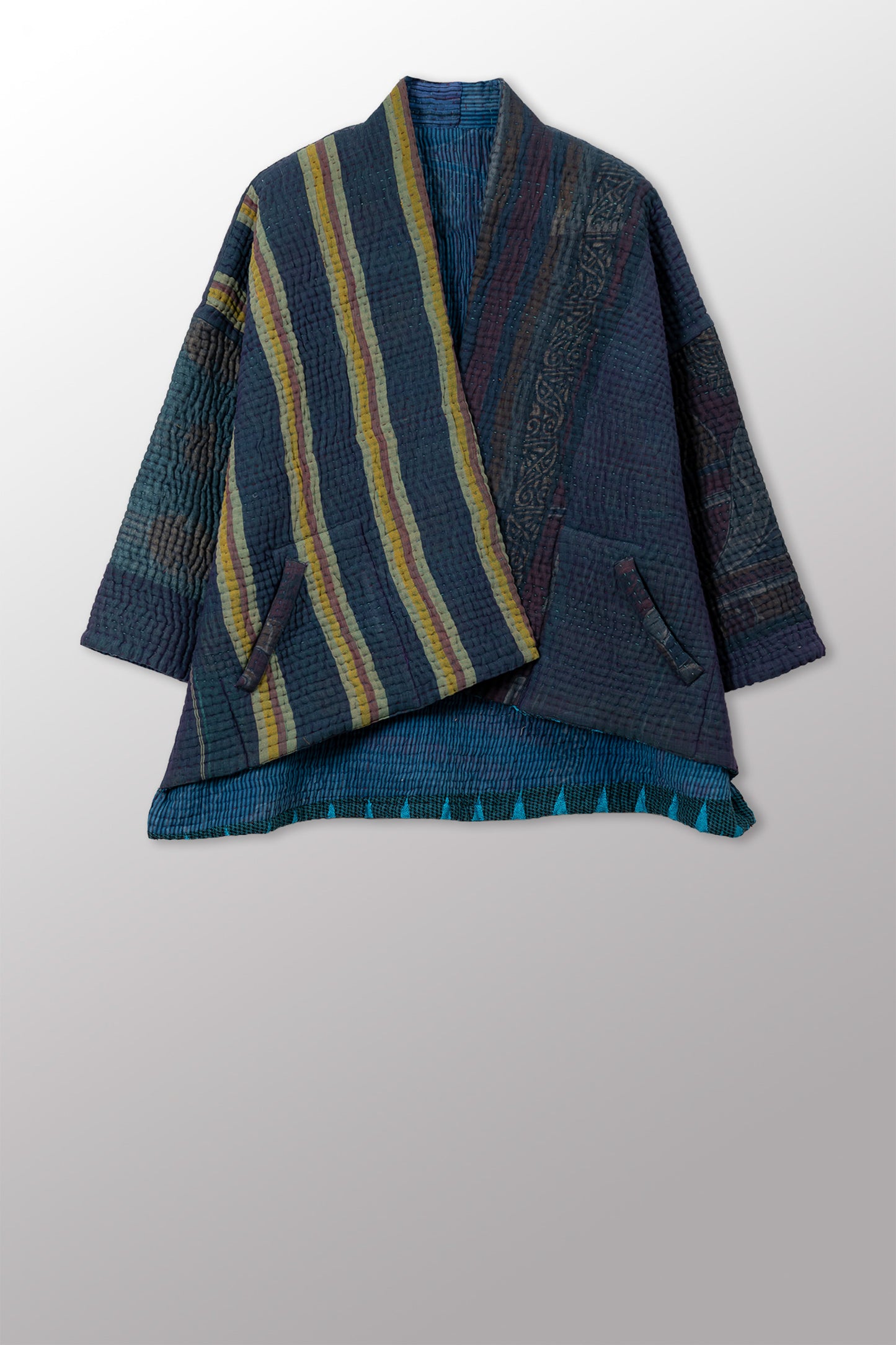 QUILTED OVERDYE COTTON KANTHA MINI KIMONO JKT - oq5055-cblu001a -