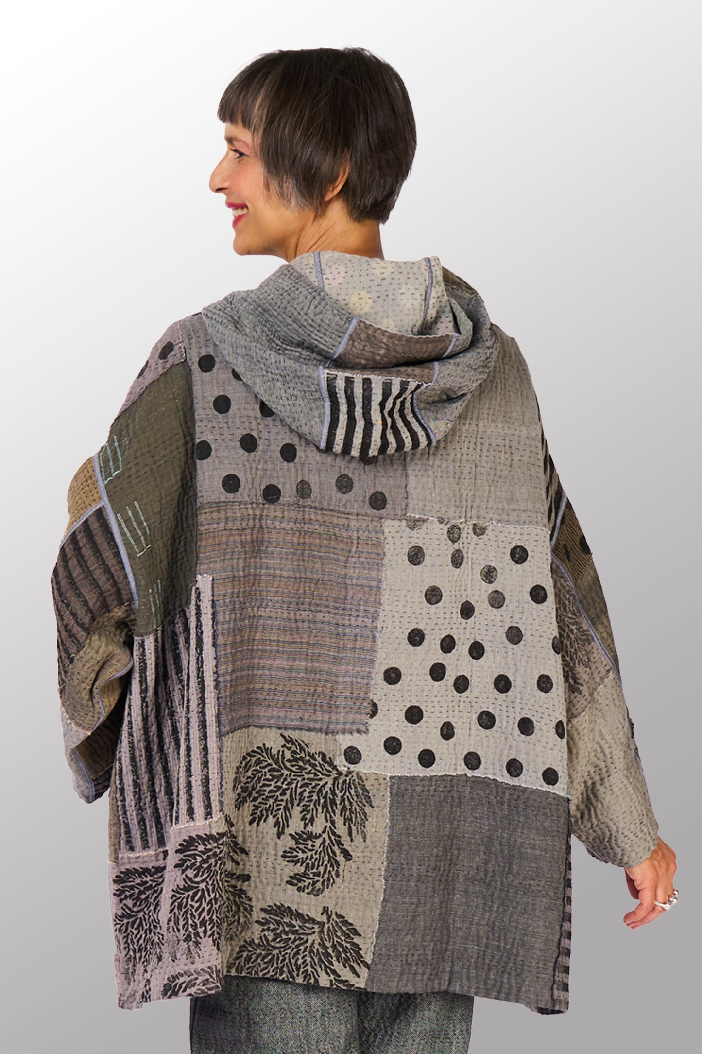 FRAYED PATCH KANTHA WITH STAMP HOODIE PONCHO - sp-fi4064-gry -