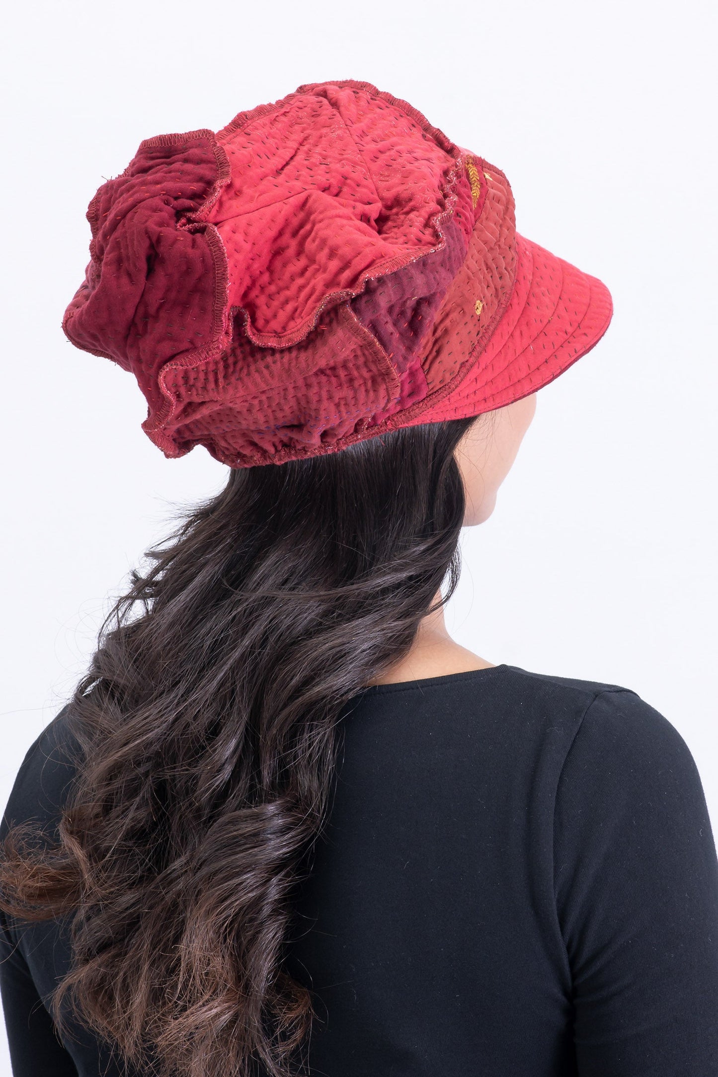 STRIPE AND CHECK COTTON SILK PATCH KANTHA HALF BRIM HAT - ss4881-red -