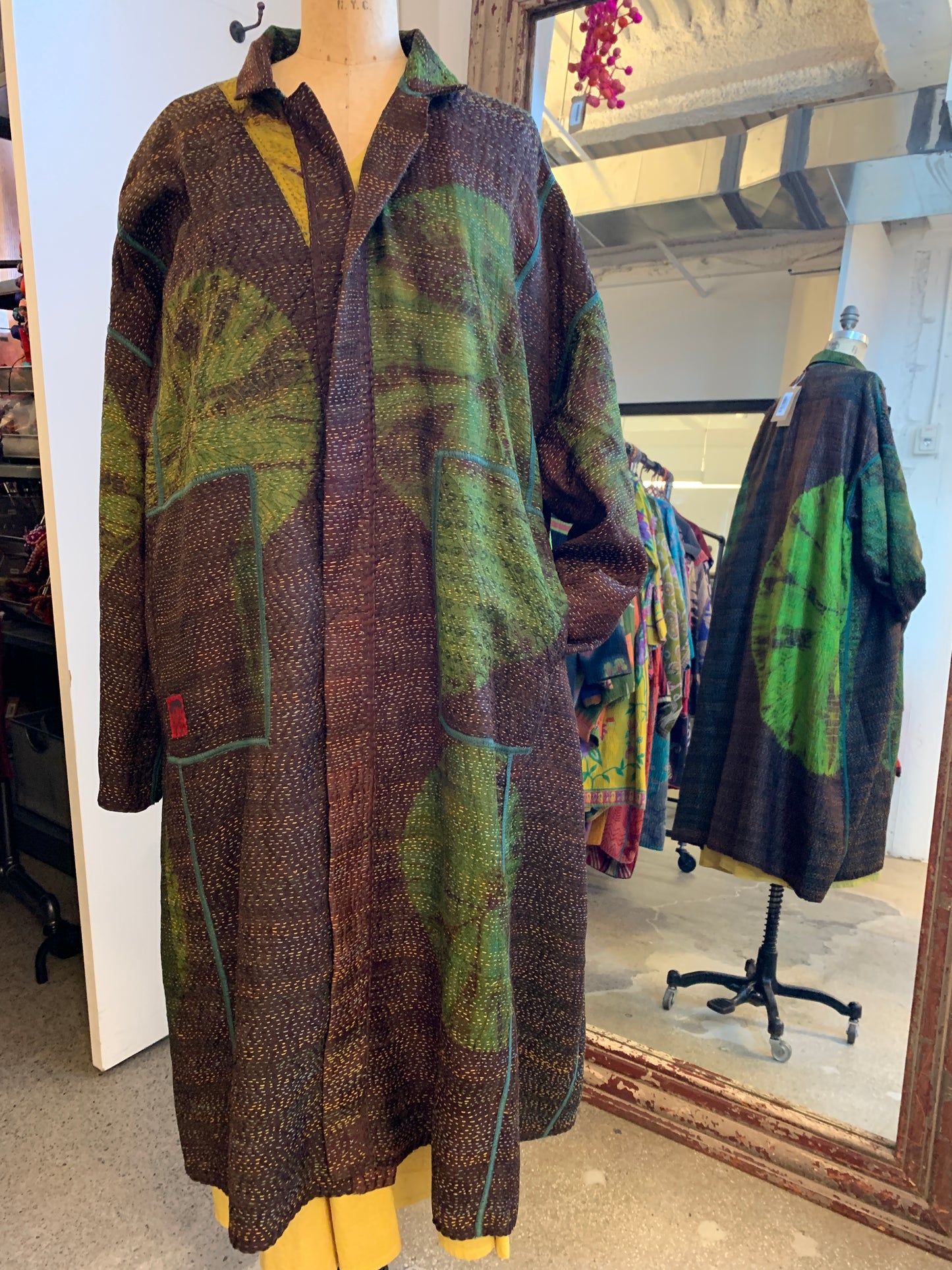JACQUARD SILK PATCH TIE DYE CIRCLE SHIBORI KANTHA NEW OVERSIZED COAT - wj2342-grn -