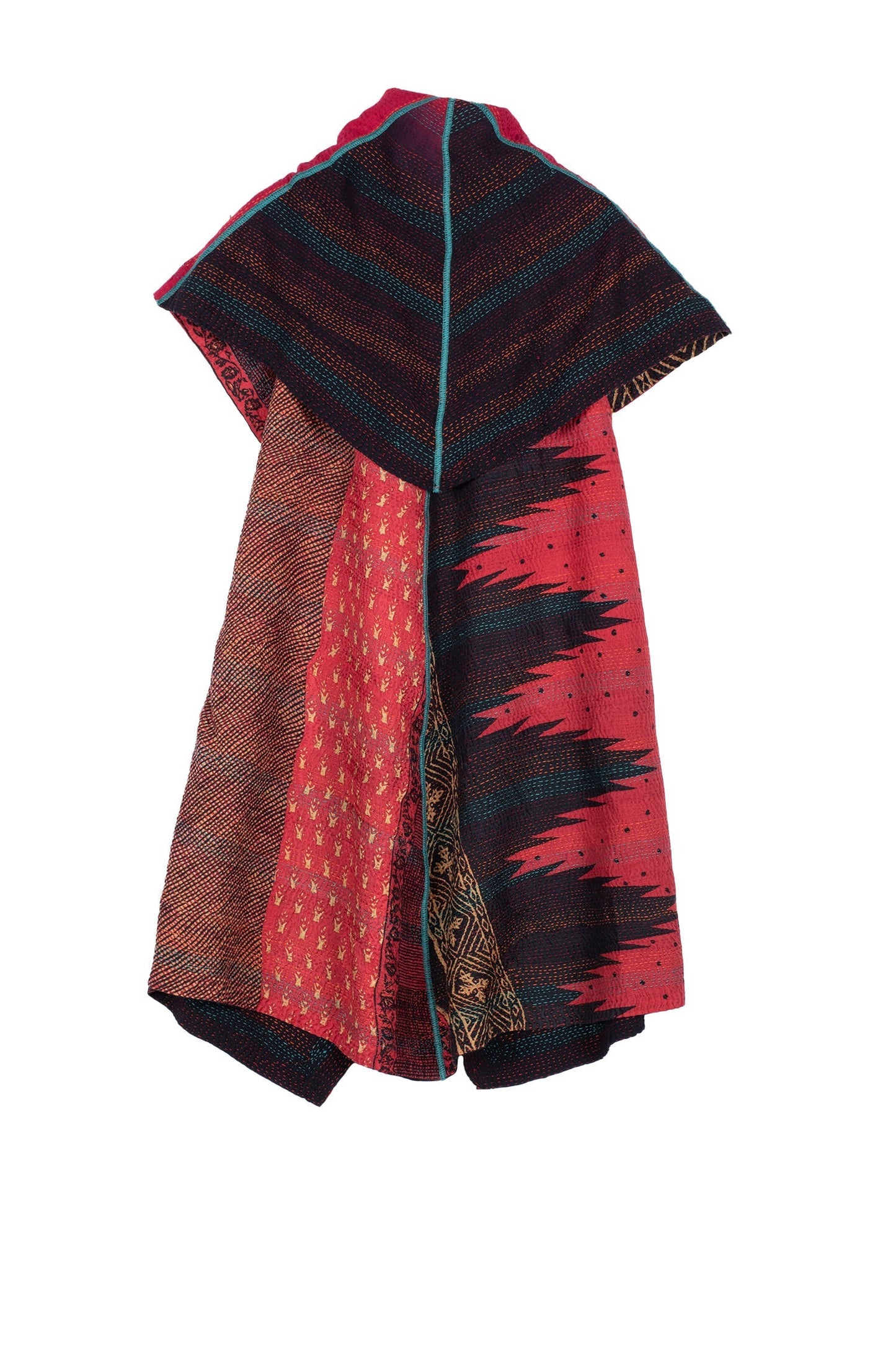 SILK COTTON OMBRE PRINT KANTHA CIRCULAR VEST - os2201-red -
