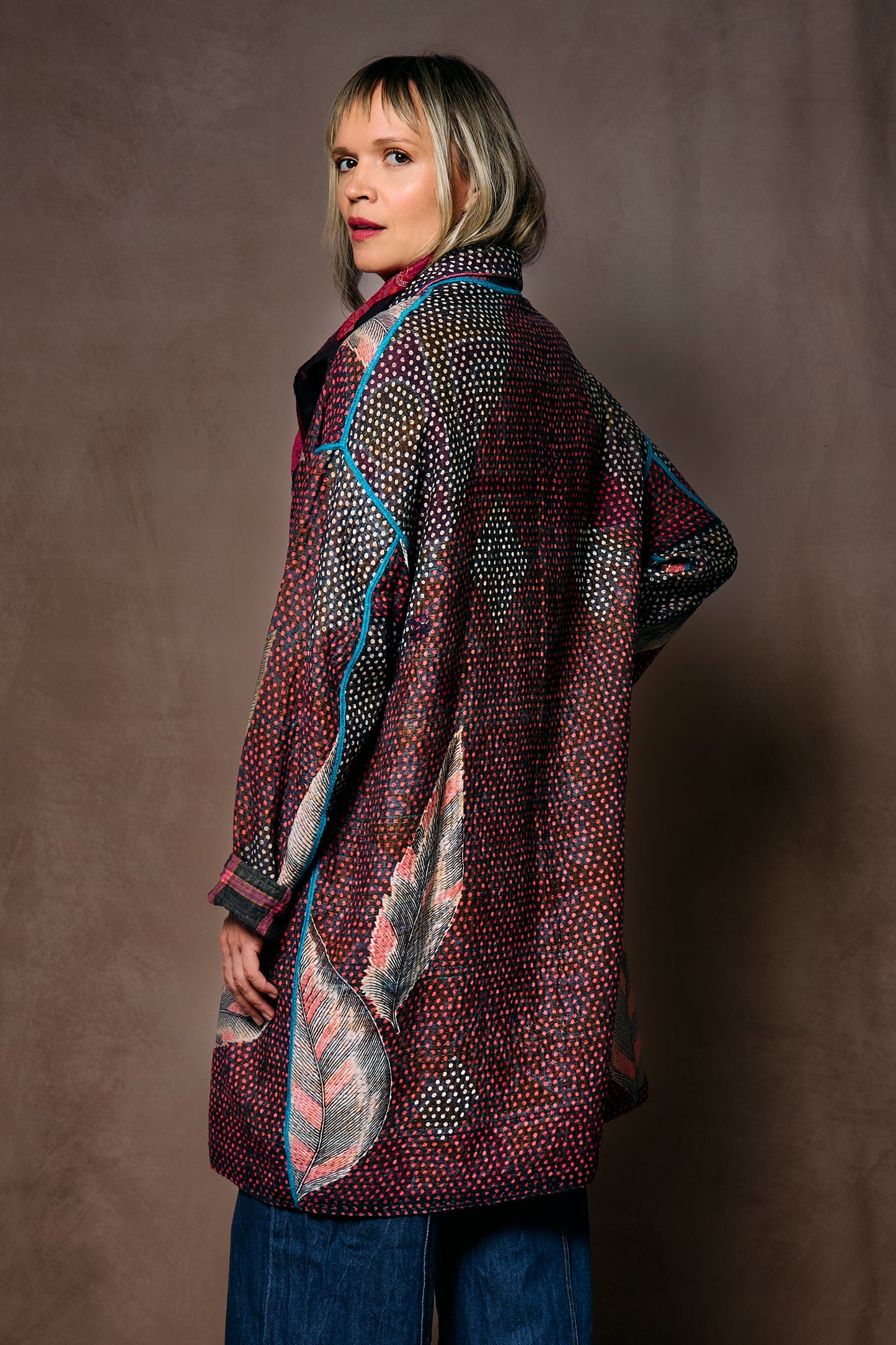 VINTAGE COTTON KANTHA LONG LINE JACKET - cv4059-5001m -
