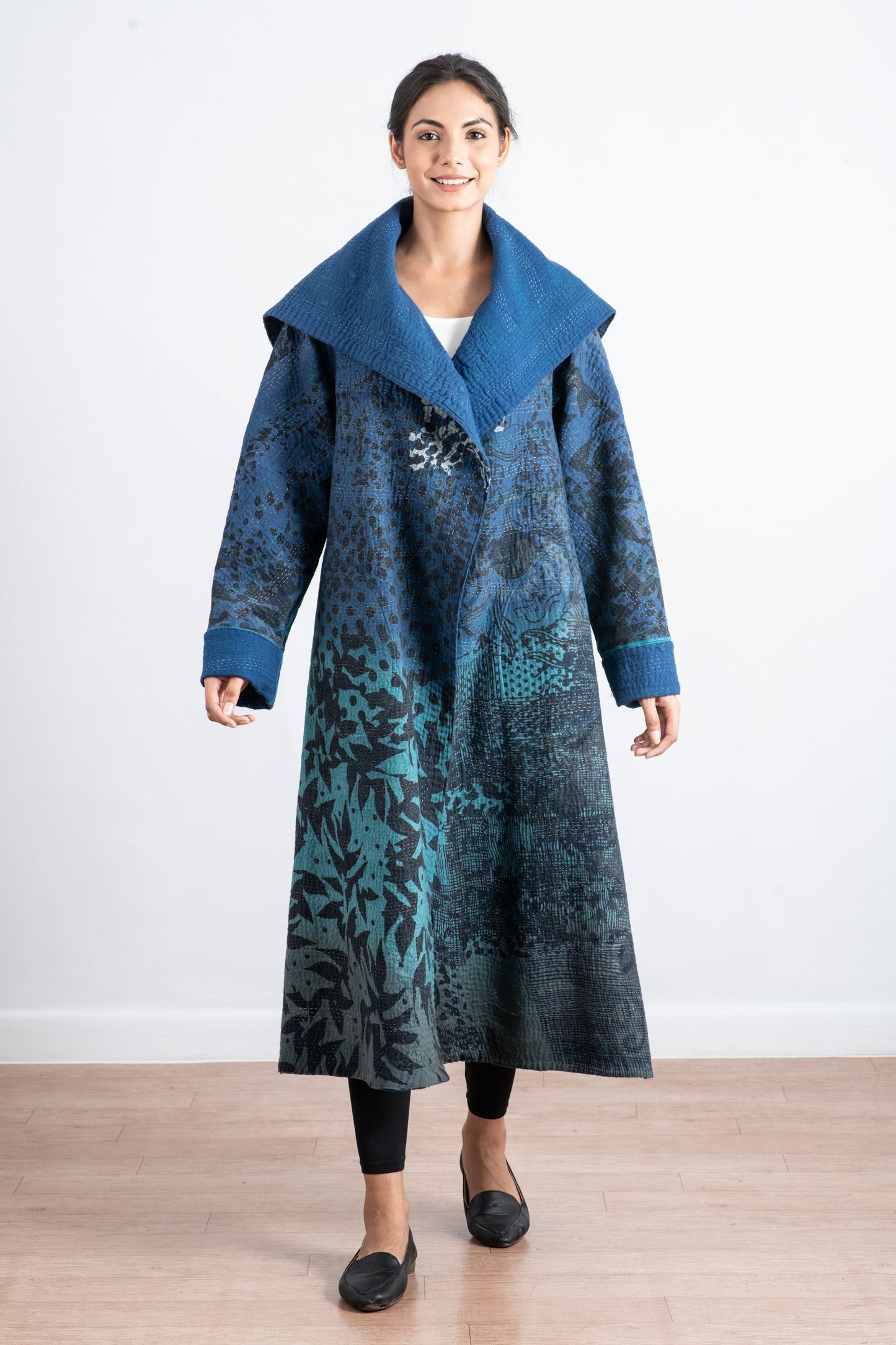 MONOTONE TWILIGHT PRINT KANTHA A-LINE LONG COAT - tp4302-blu -