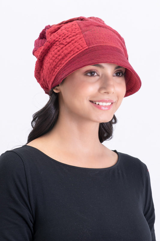 STRIPE AND CHECK COTTON SILK PATCH KANTHA HALF BRIM HAT - ss4881-red -