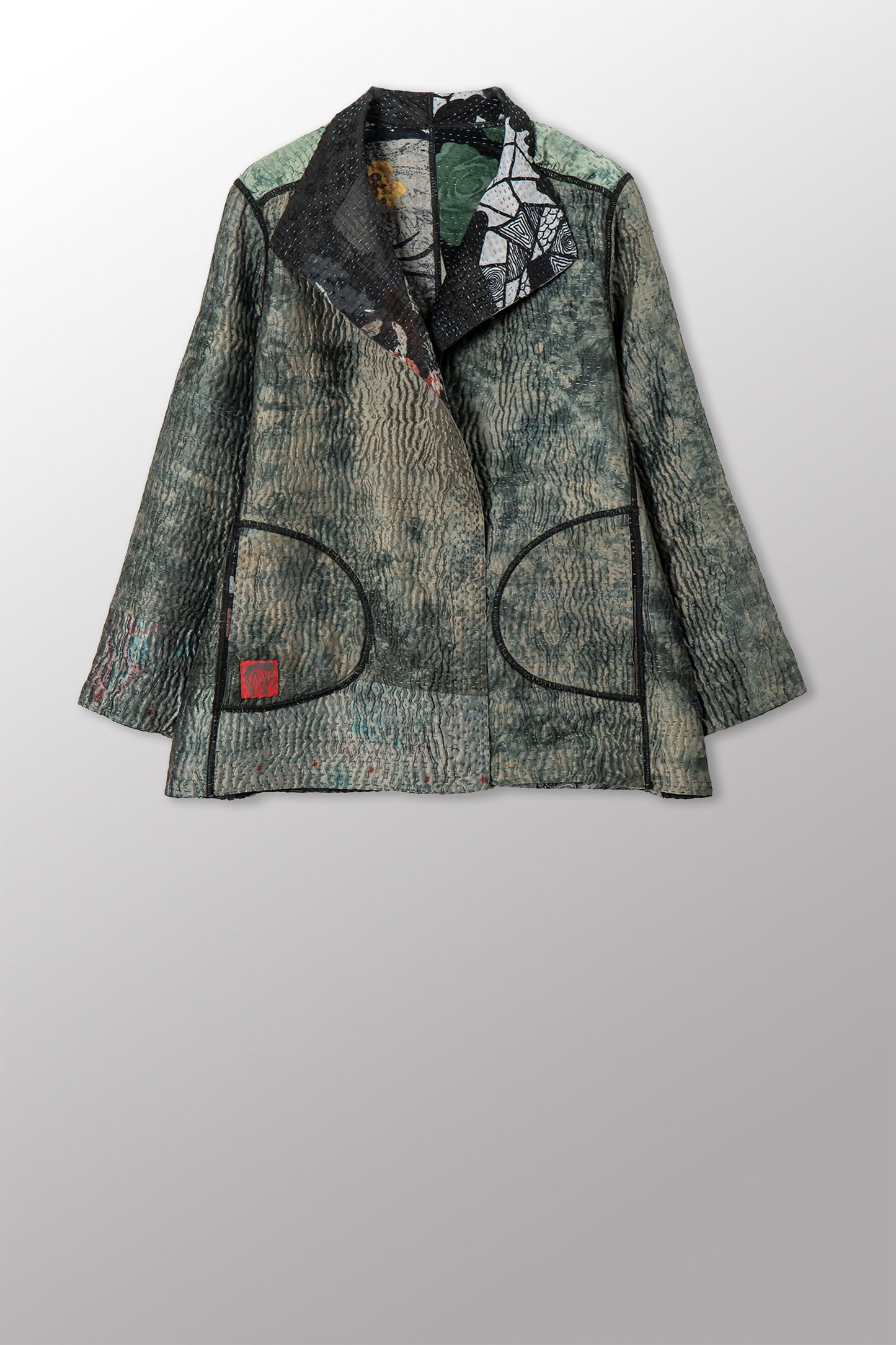 GEORGETTE JACQUARD VINTAGE SILK PATCH KANTHA SHORT JACKET - gj4007-blk -