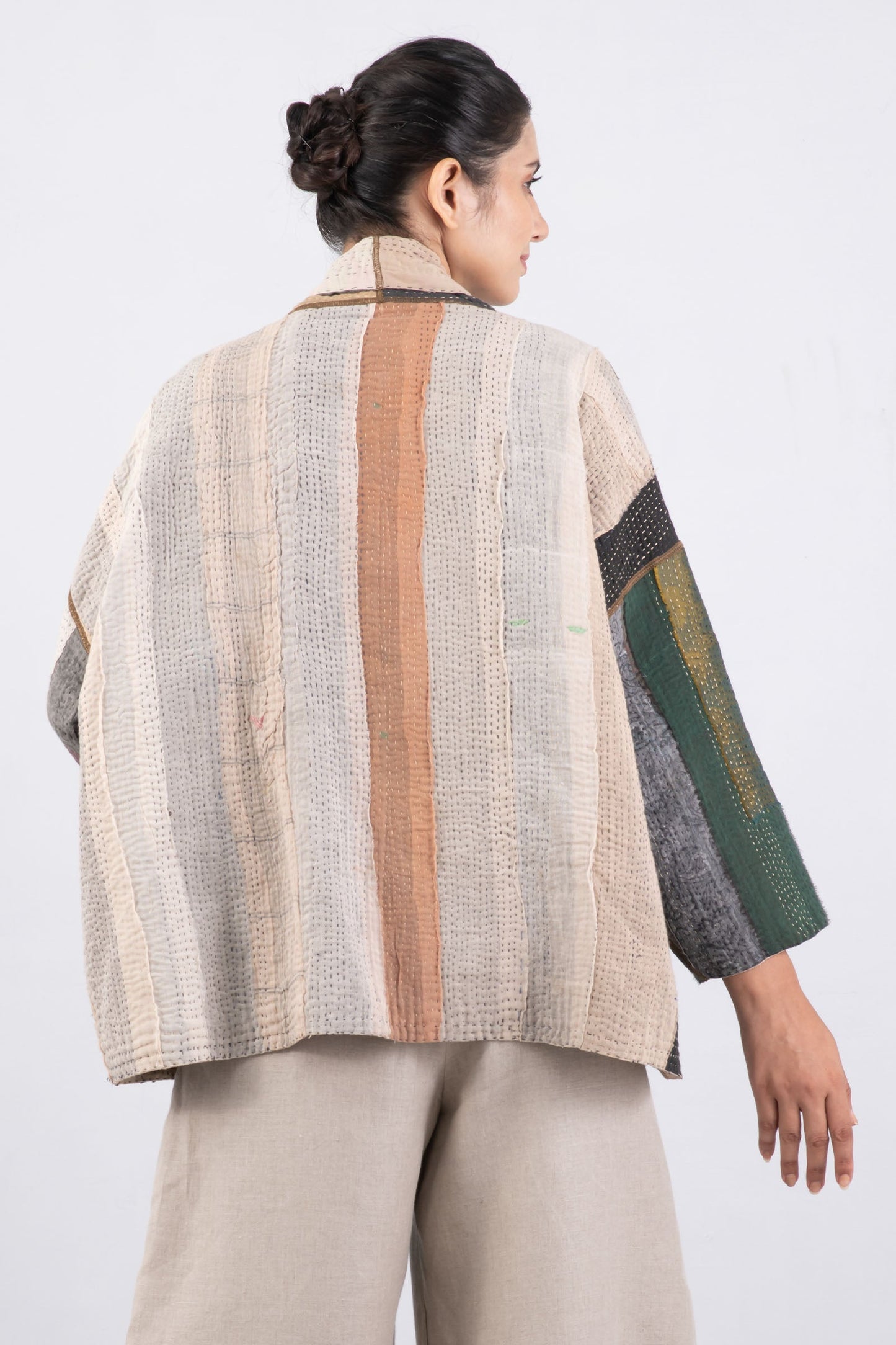COTTON STRIPE PATCH KANTHA BIG POCKET JACKET - cs4057-grn -