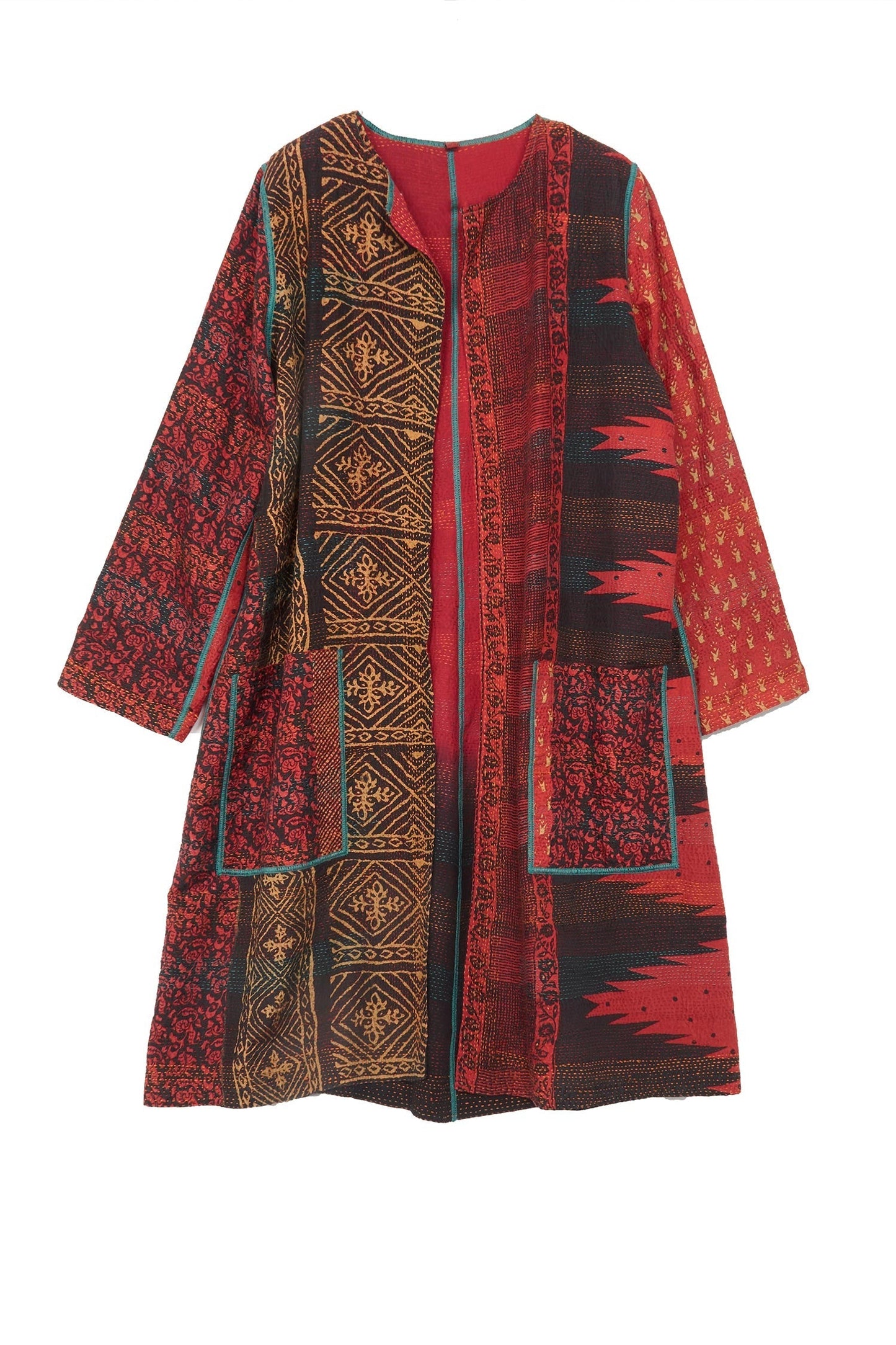 SILK COTTON OMBRE PRINT KANTHA CREW NECK COAT - os2313-red -