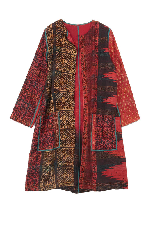 SILK COTTON OMBRE PRINT KANTHA CREW NECK COAT - os2313-red -