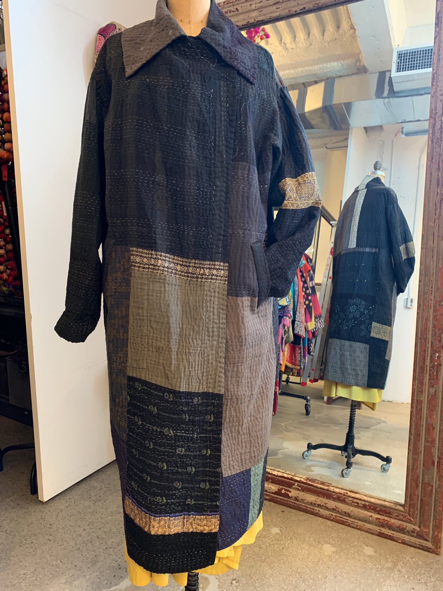 COTTON SILK SW PATCH KANTHA DOUBLE BREAST LONG COAT - ws4340-blk -