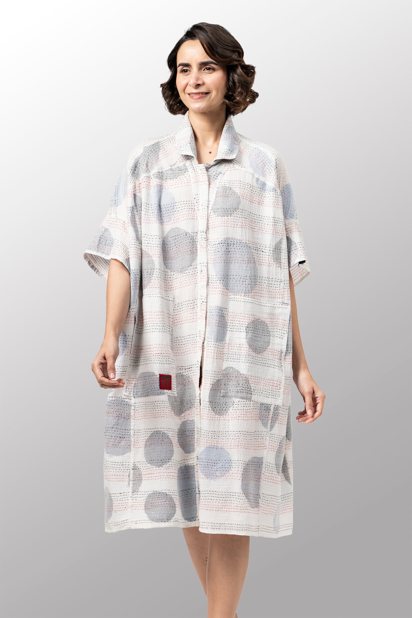 CUT OUT KANTHA WIDE SHIRT DRESS - ck2448-wht -