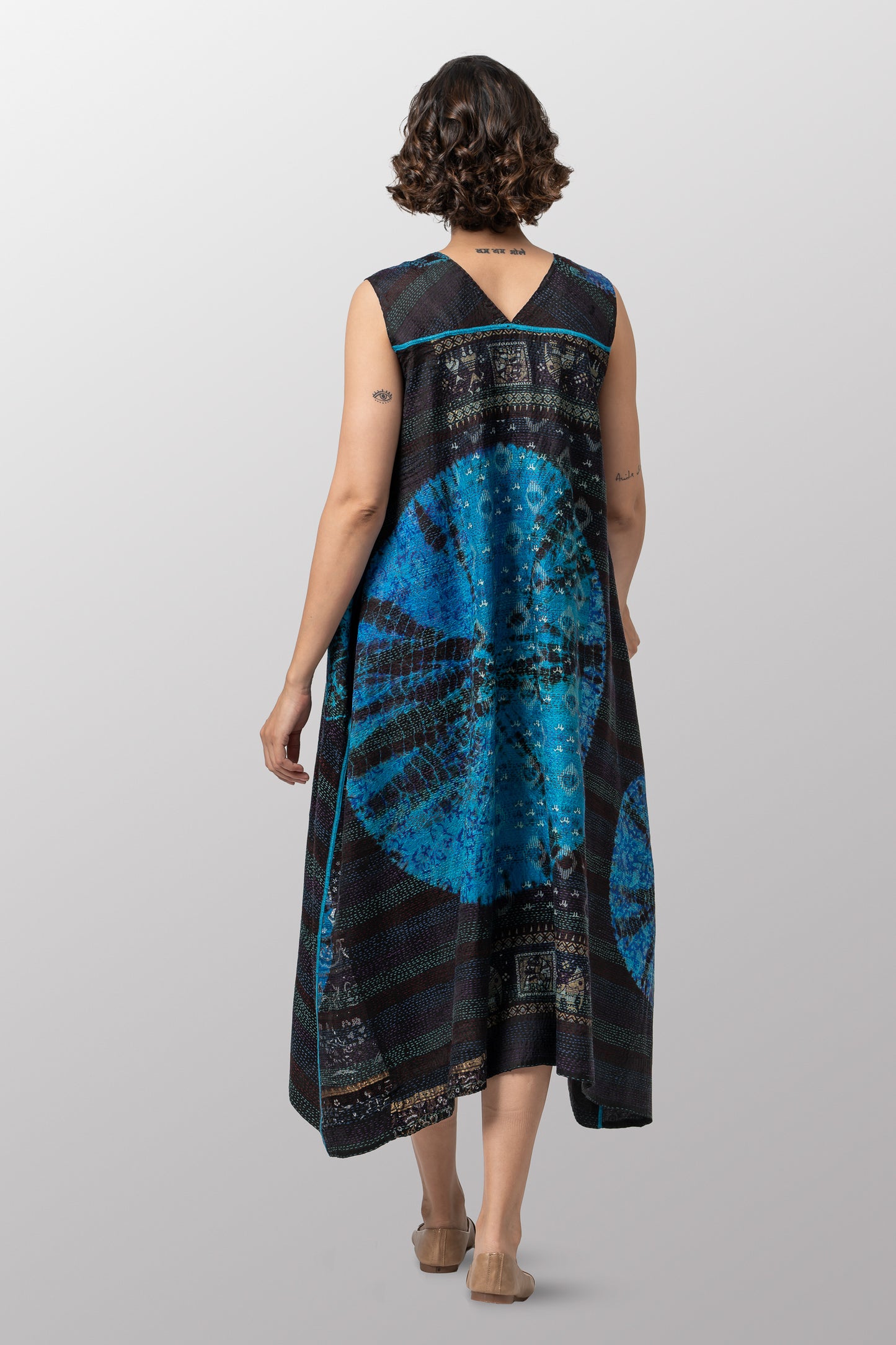 TIE DYE CIRCLE SHIBORI KANTHA TENT DRESS - td2413-blu -