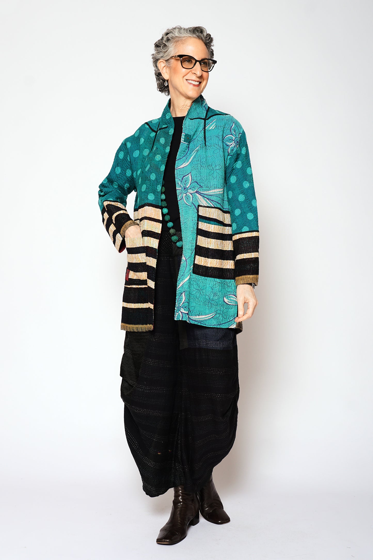 VINTAGE COTTON KANTHA FLARE LONG JACKET - cv4021-5002s -