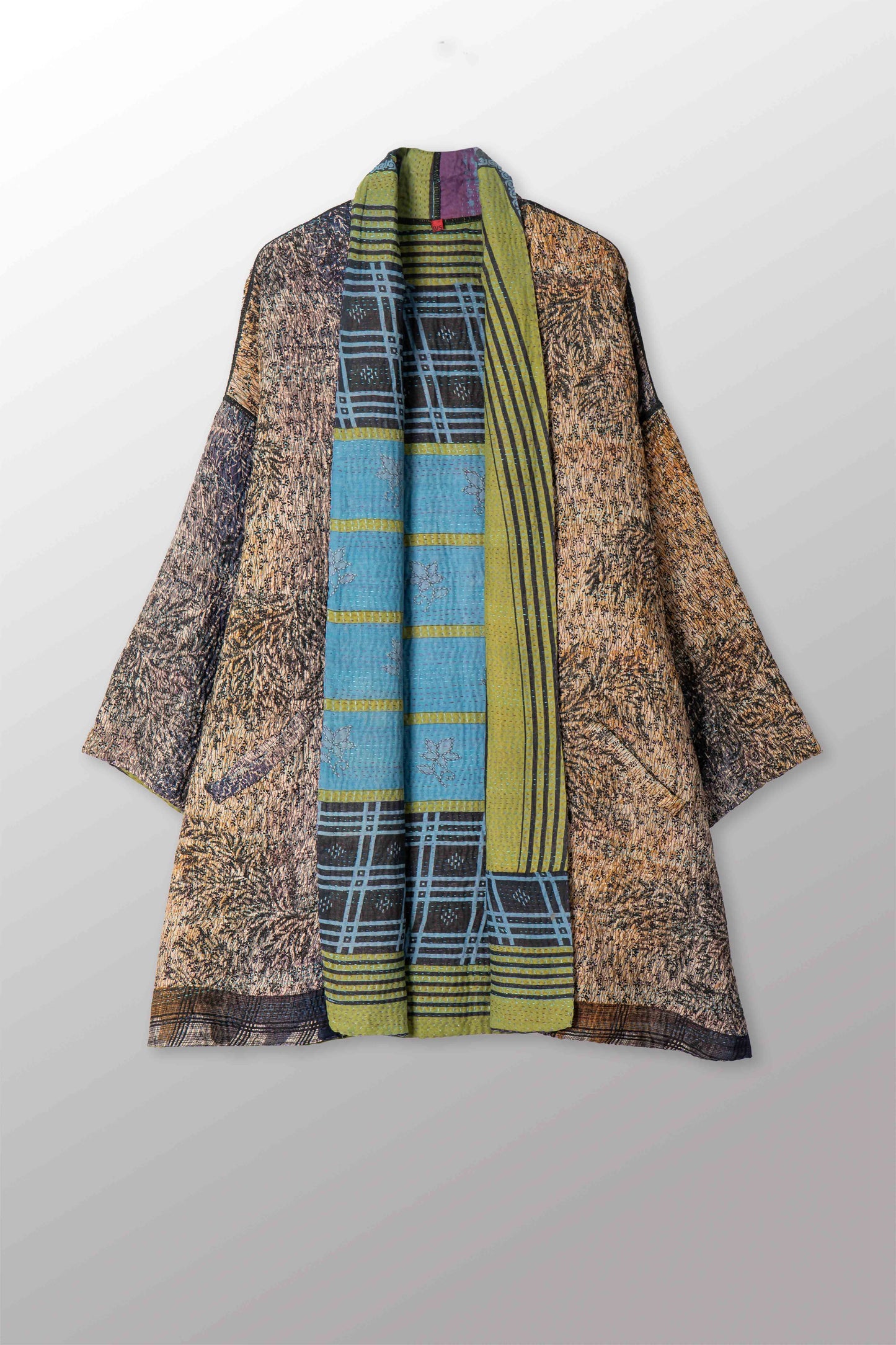 VINTAGE SILK GEORGETTE COTTON KANTHA HAORI JACKET - gc4068-0001a -