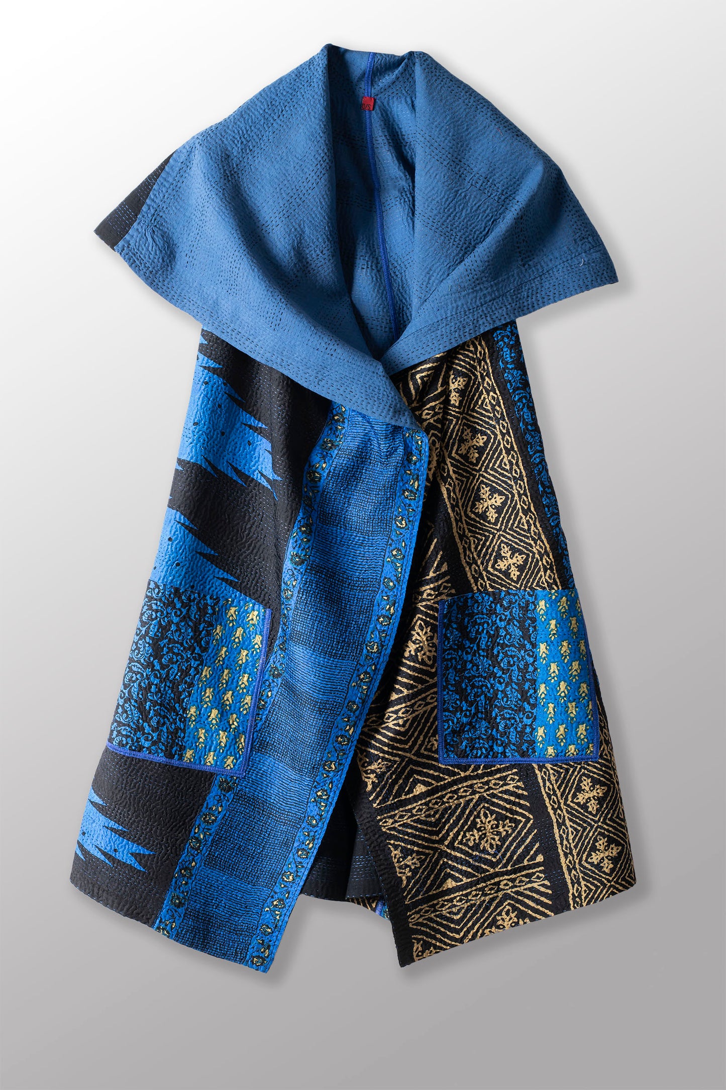 SILK COTTON OMBRE PRINT KANTHA CIRCULAR VEST - os2201-blu -
