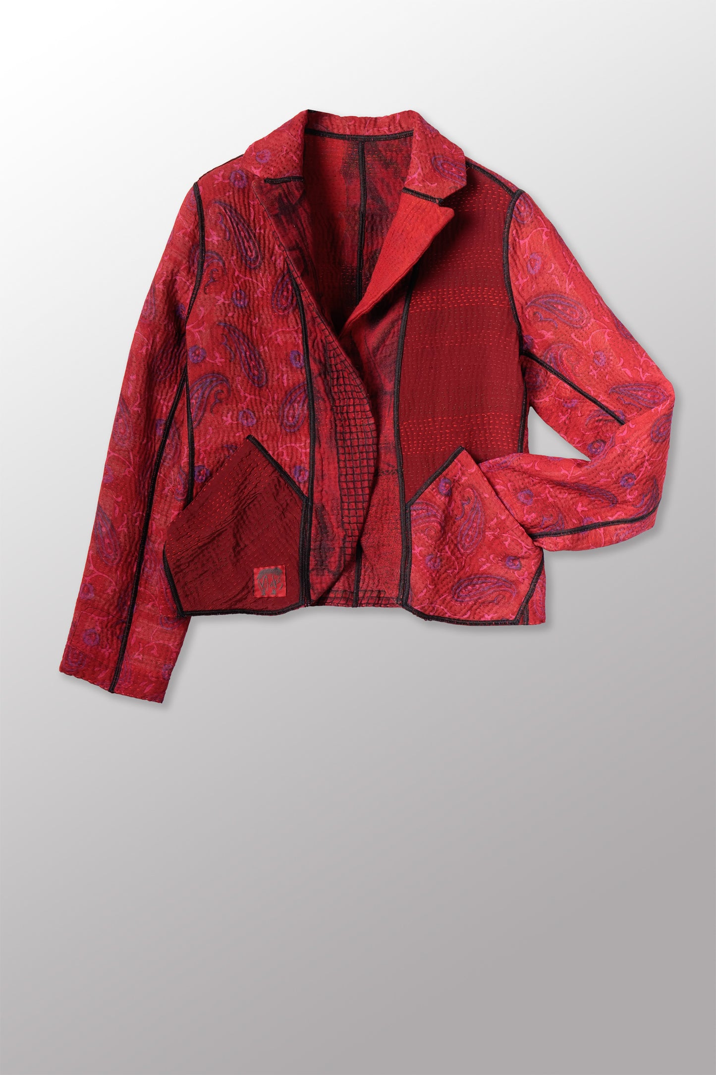 VINTAGE SILK GEORGETTE COTTON KANTHA CROPPED BASIC JACKET - gc4096-0001m -