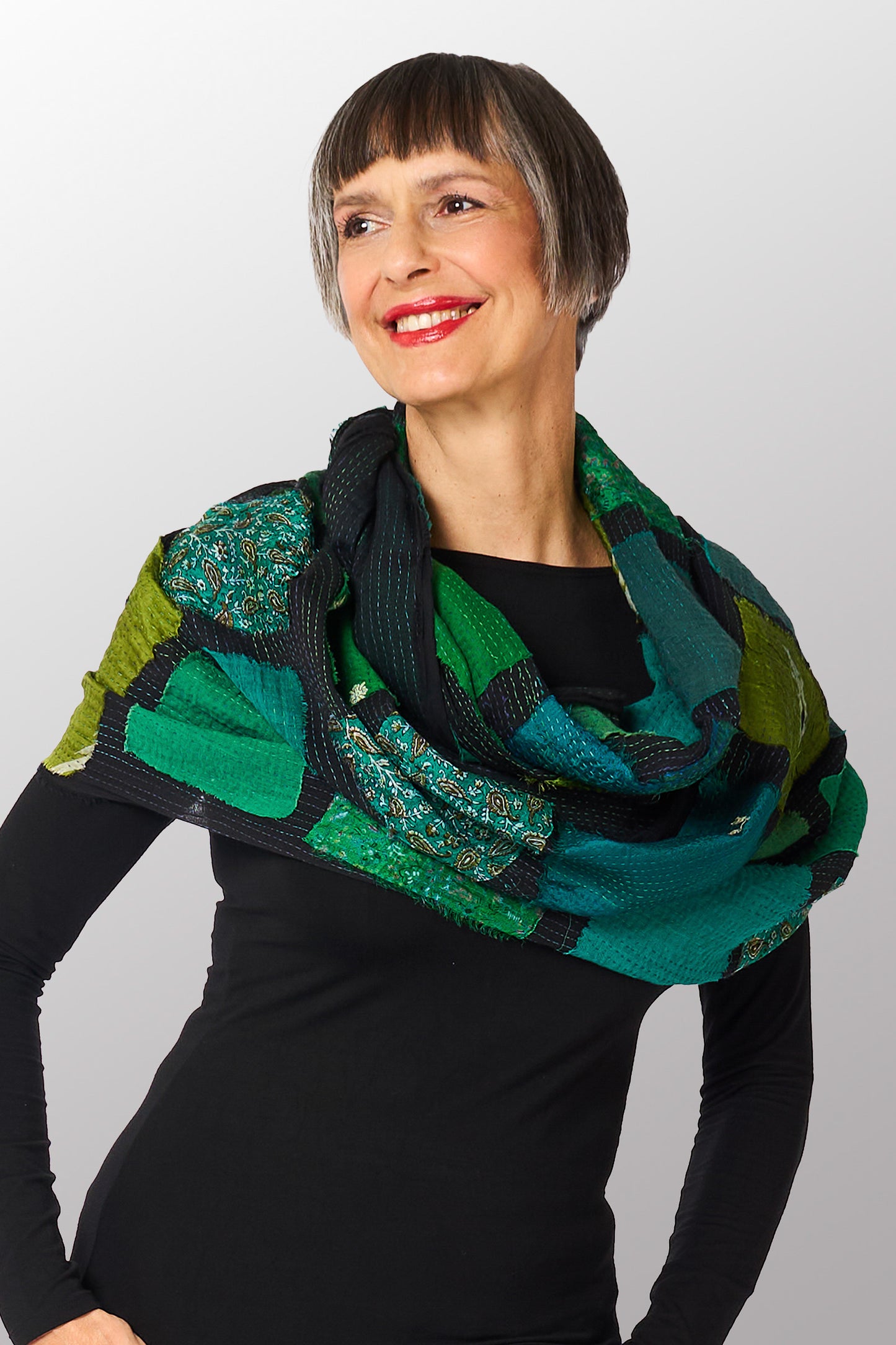 TONAL TILE PATCH KANTHA INFINITY SCARF - tt2816-ngy -