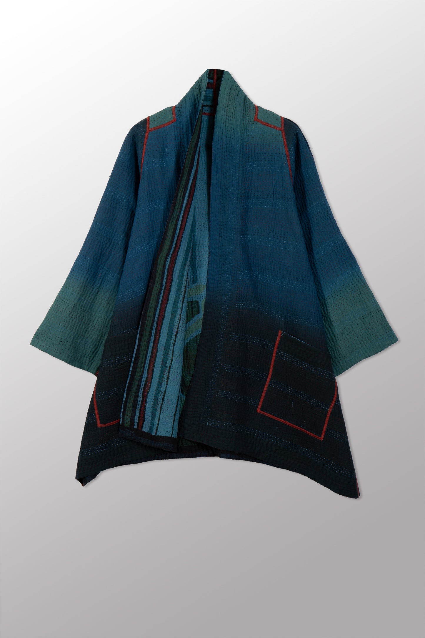 OVERDYED STRIPE AND BENDS KANTHA A-LINE JACKET - sb4003-blu -