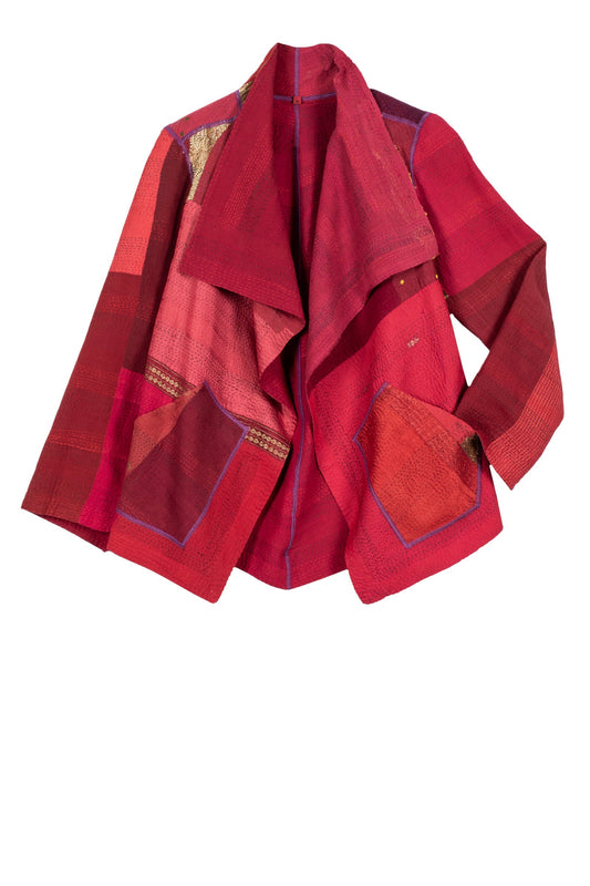COTTON SILK SW PATCH KANTHA WING COLLAR JACKET - ws2013-red -