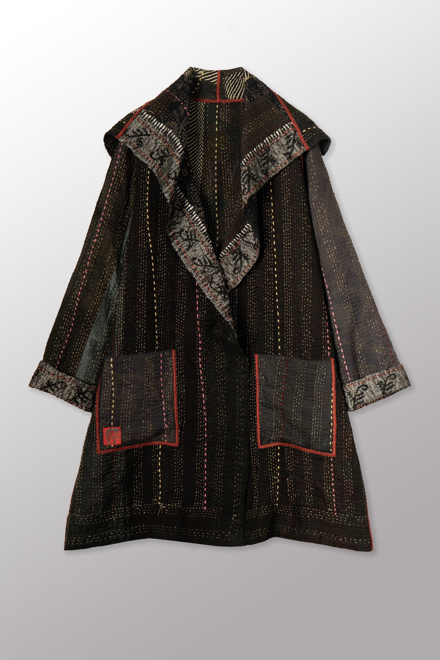 STRIPE RALLIS KANTHA POCKET MEDIUM COAT - pr4316-blk -