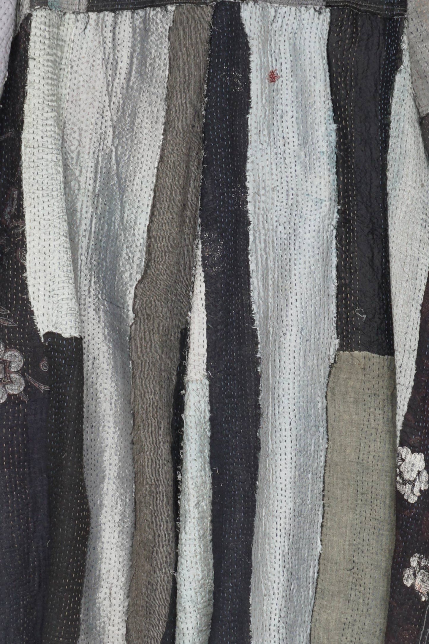 STRIPE FRAYED & HANDWOVEN KANTHA A-LINE DUSTER - ft2311-blk -