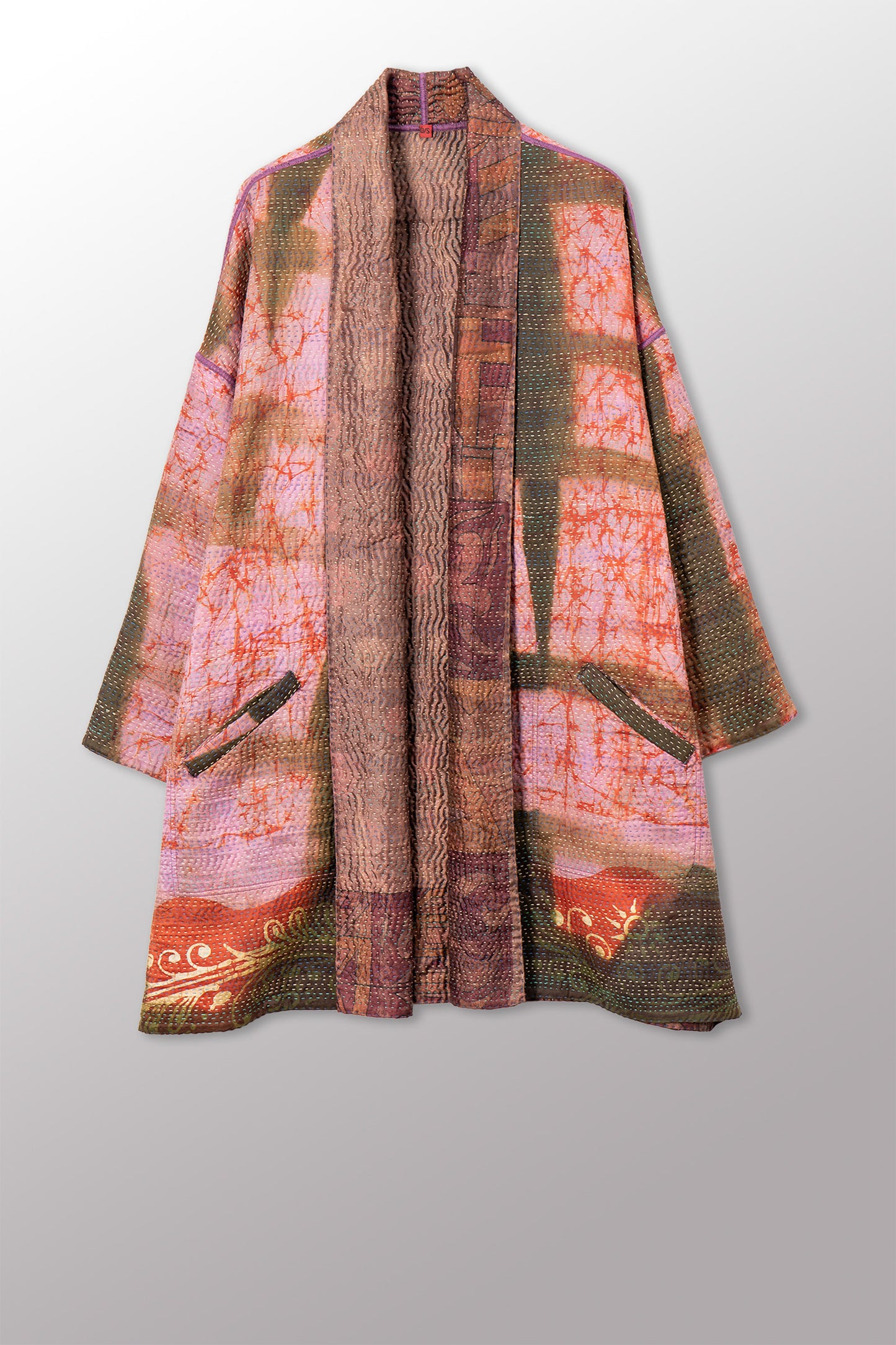 VINTAGE PRINTED SILK CLAMP DYE WITH JACQUARD KANTHA HAORI JACKET - sk4068-0001a -