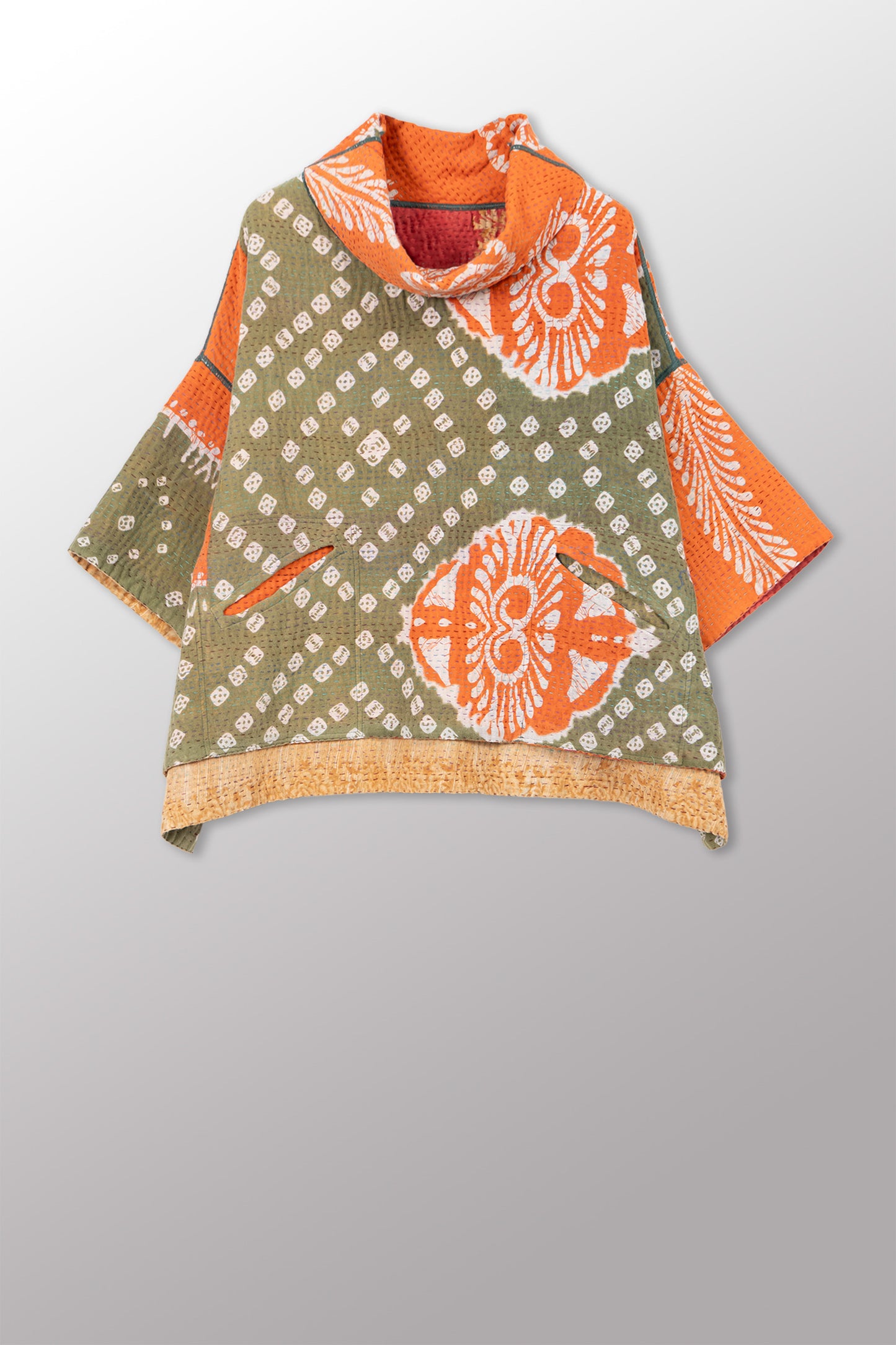 VINTAGE COTTON KANTHA COWL NECK PONCHO - cv4061-0037a -