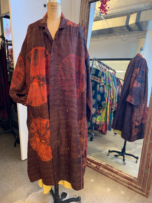 JACQUARD SILK PATCH TIE DYE CIRCLE SHIBORI KANTHA NEW OVERSIZED COAT - wj2342-BRN -