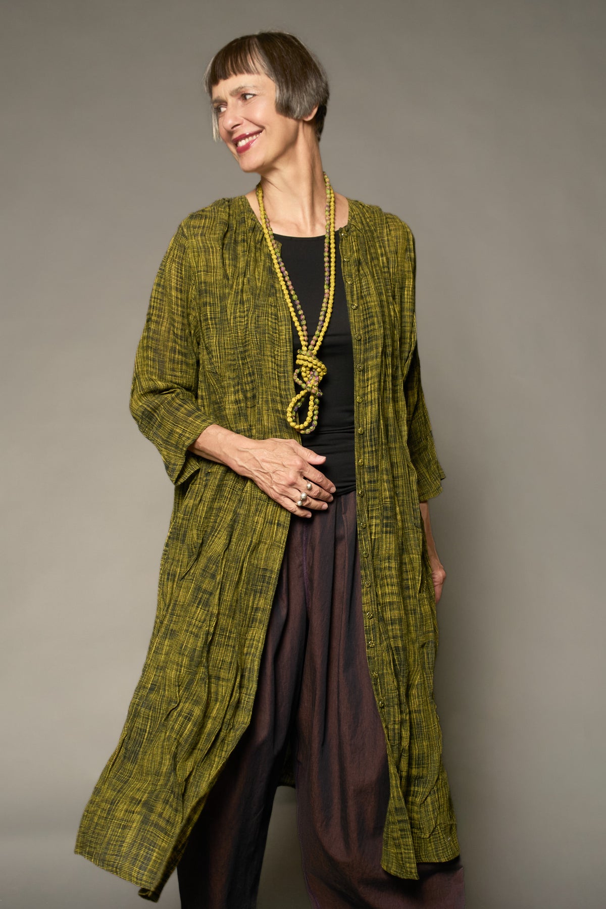 WOVEN TWO TONE COTTON WAVY TUCK TUCK CROPPED SLV. DRESS - wt1434-ylw -