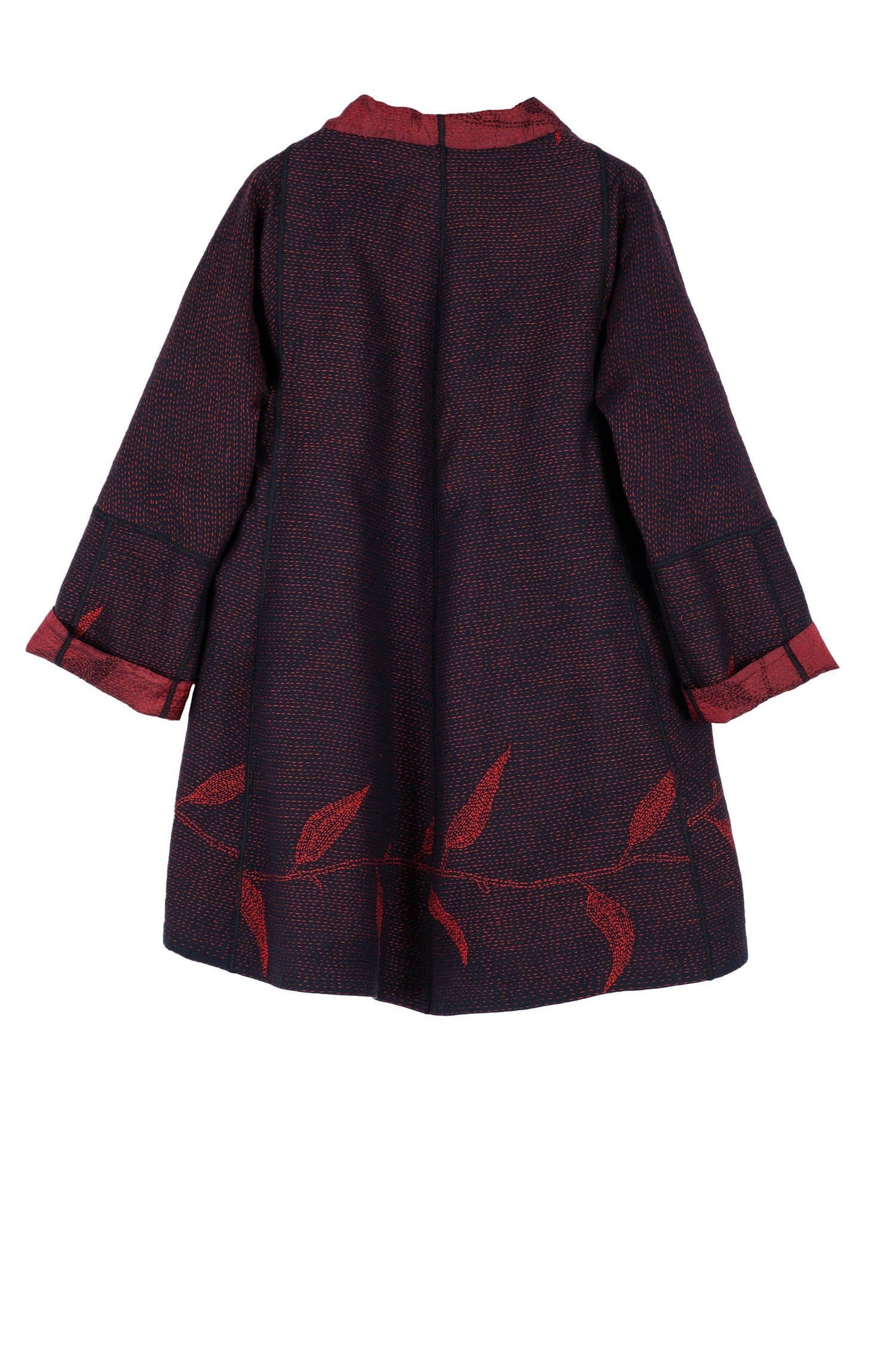 NIGHT BAMBOO SILK COTTON KANTHA FLARE LONG JKT - nb2021-red -
