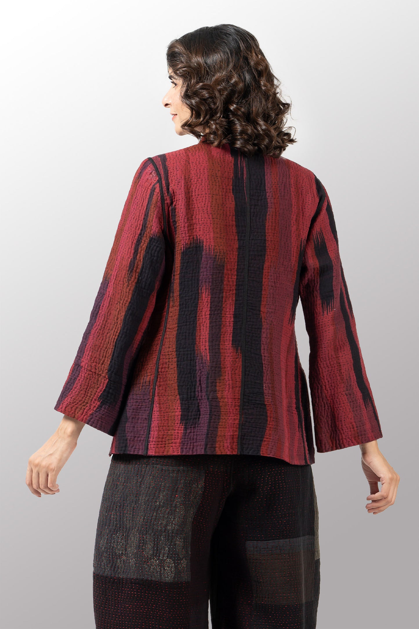 IKAT STRIPE KANTHA SHORT JACKET - is4007-drd -