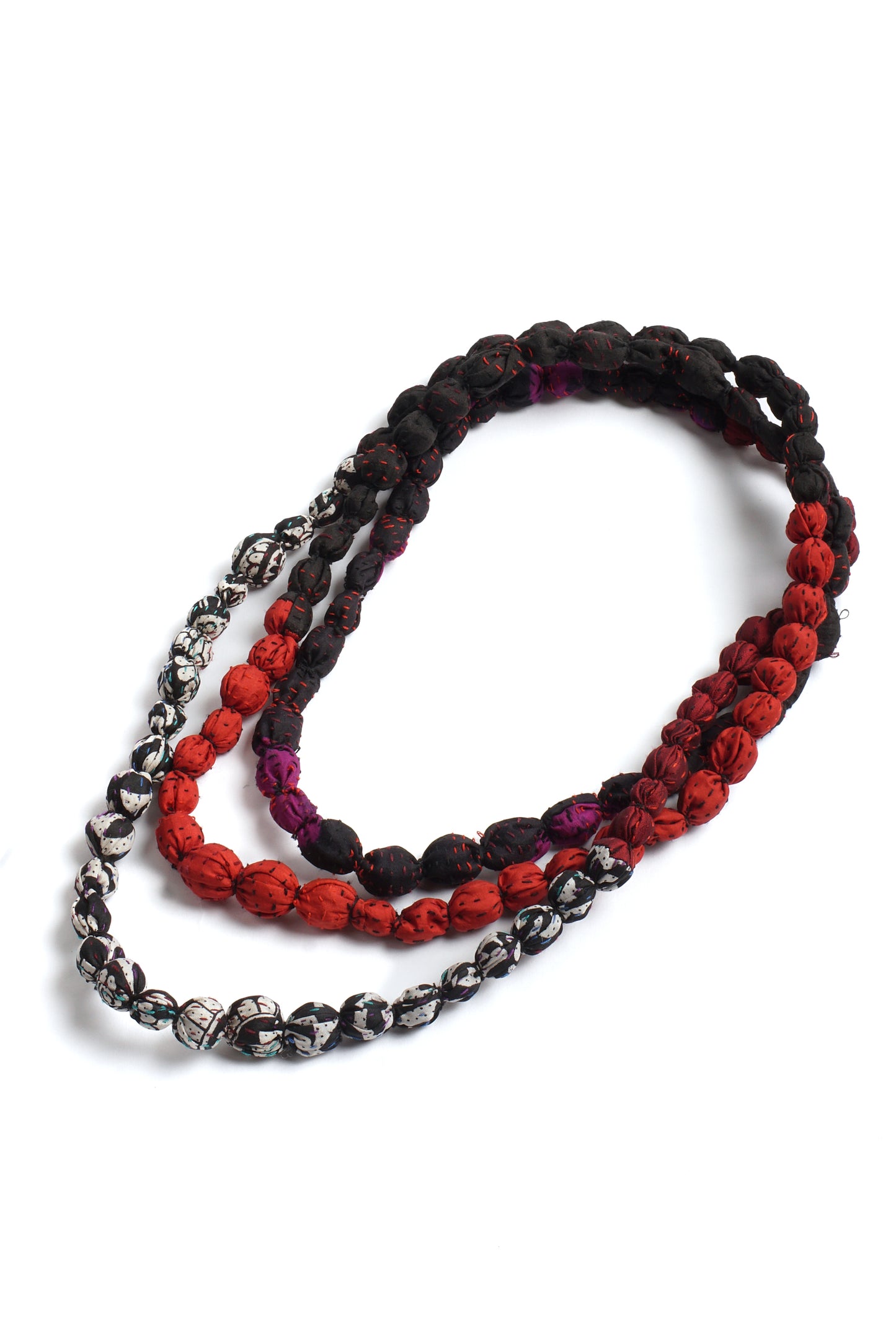 VINTAGE SILK KANTHA TIE-BEADS LONG NECKLACE - sv2707-bpr -