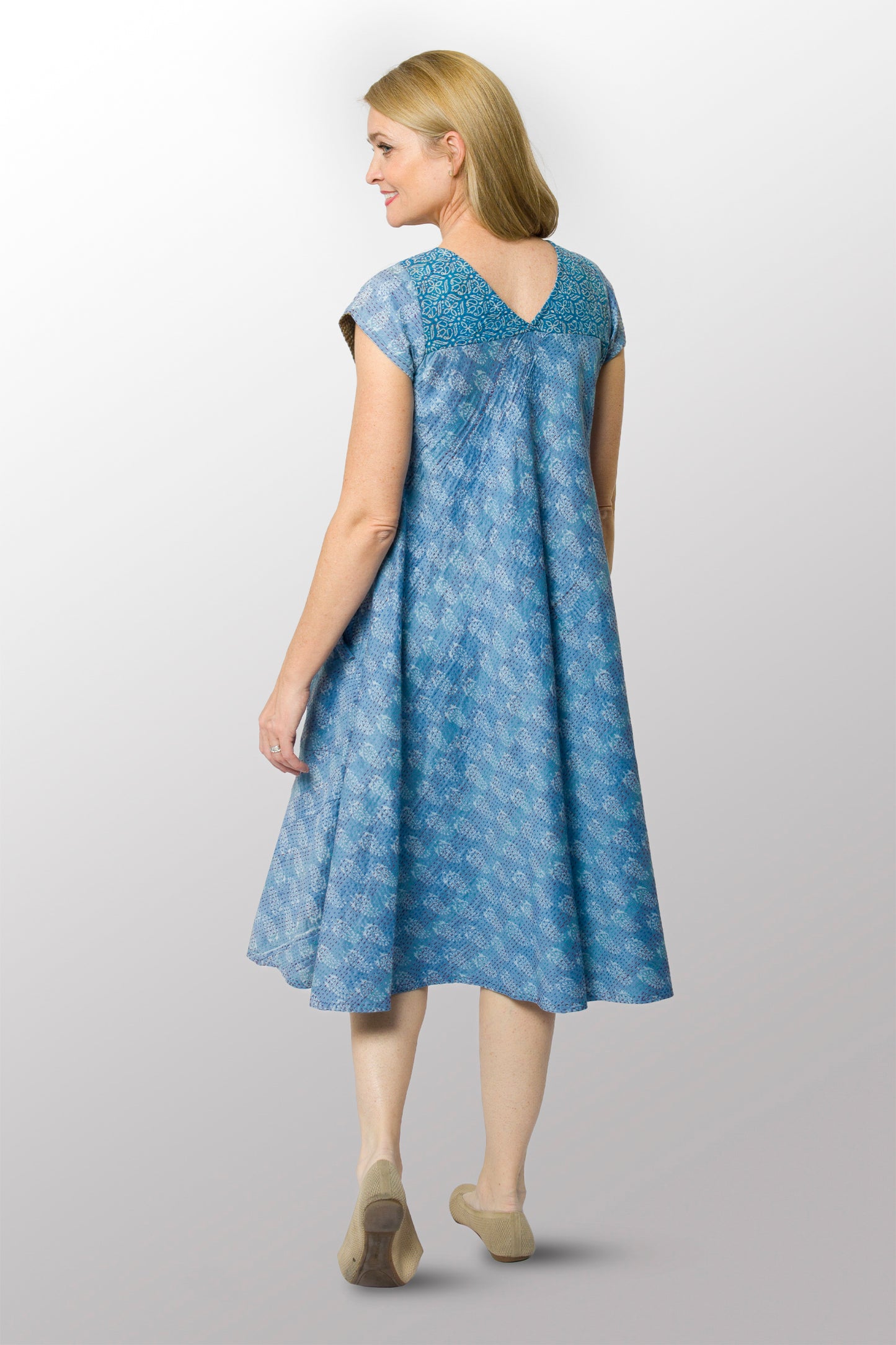 VINTAGE COTTON KANTHA CAP SLV. FLARE DRESS - cv2425-0011s -