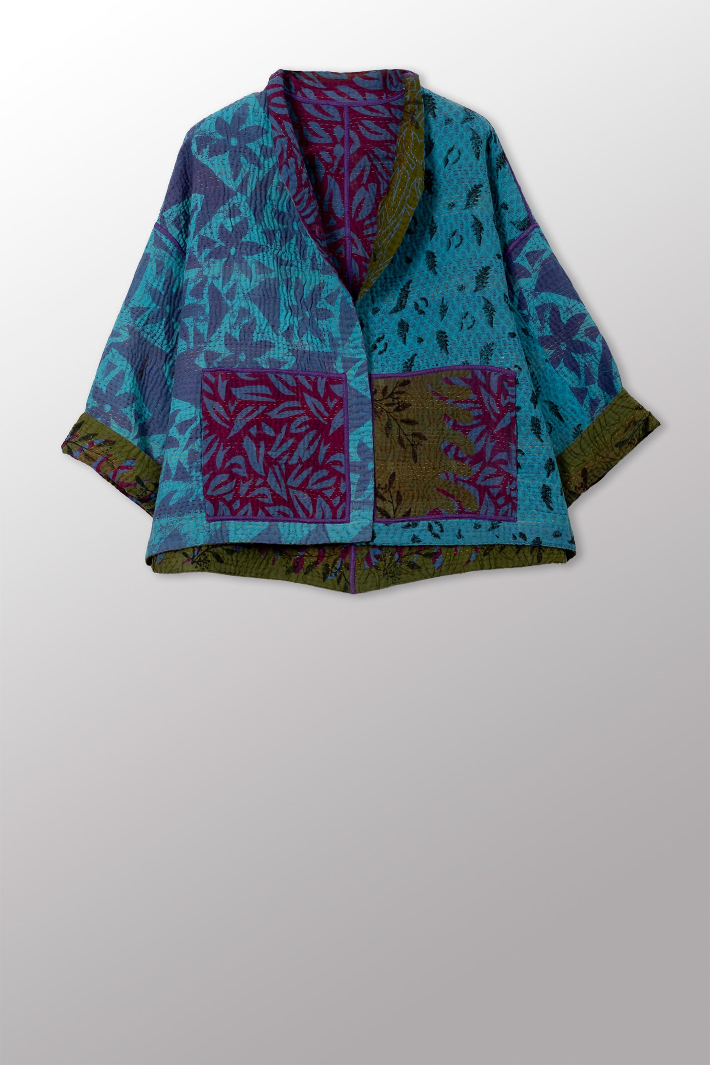 COTTON OVERDYE KANTHA STAND COLLAR CROPPED JKT - ov4034-ctuq010a -