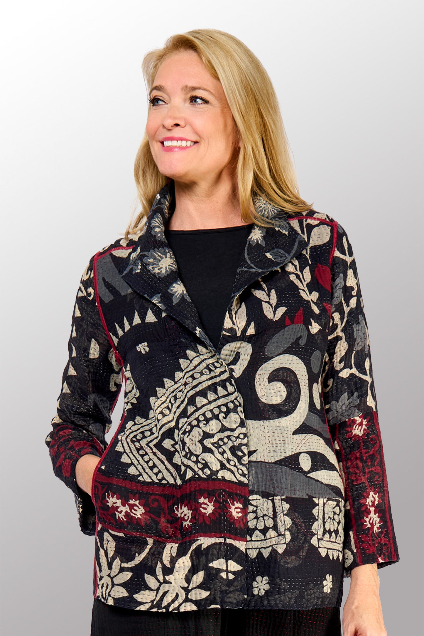 BLACK AND WHITE PRINT PATCH KANTHA SHORT JACKET - pn4007-blk -