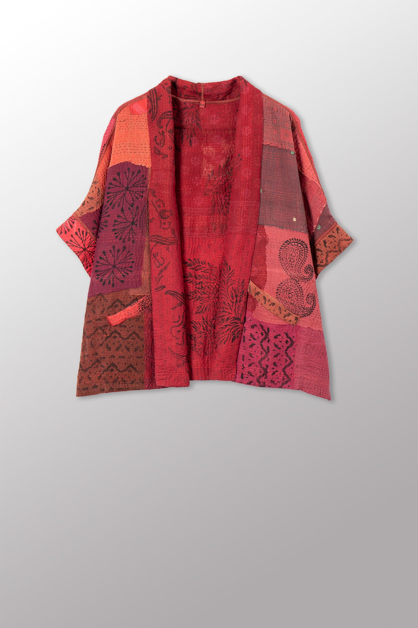 LANDSCAPE FRAYED PATCH KANTHA WITH STAMP MINI PONCHO - sp-lf2060-red -
