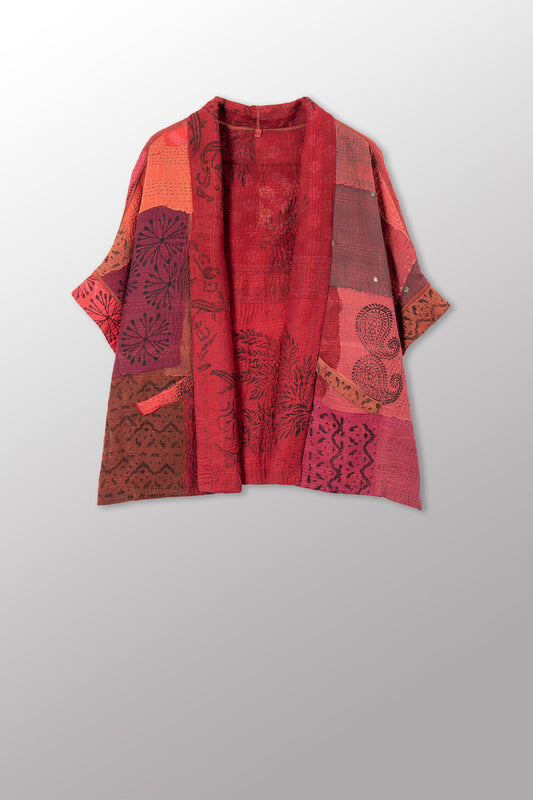 LANDSCAPE FRAYED PATCH KANTHA WITH STAMP MINI PONCHO - sp-lf2060-red -