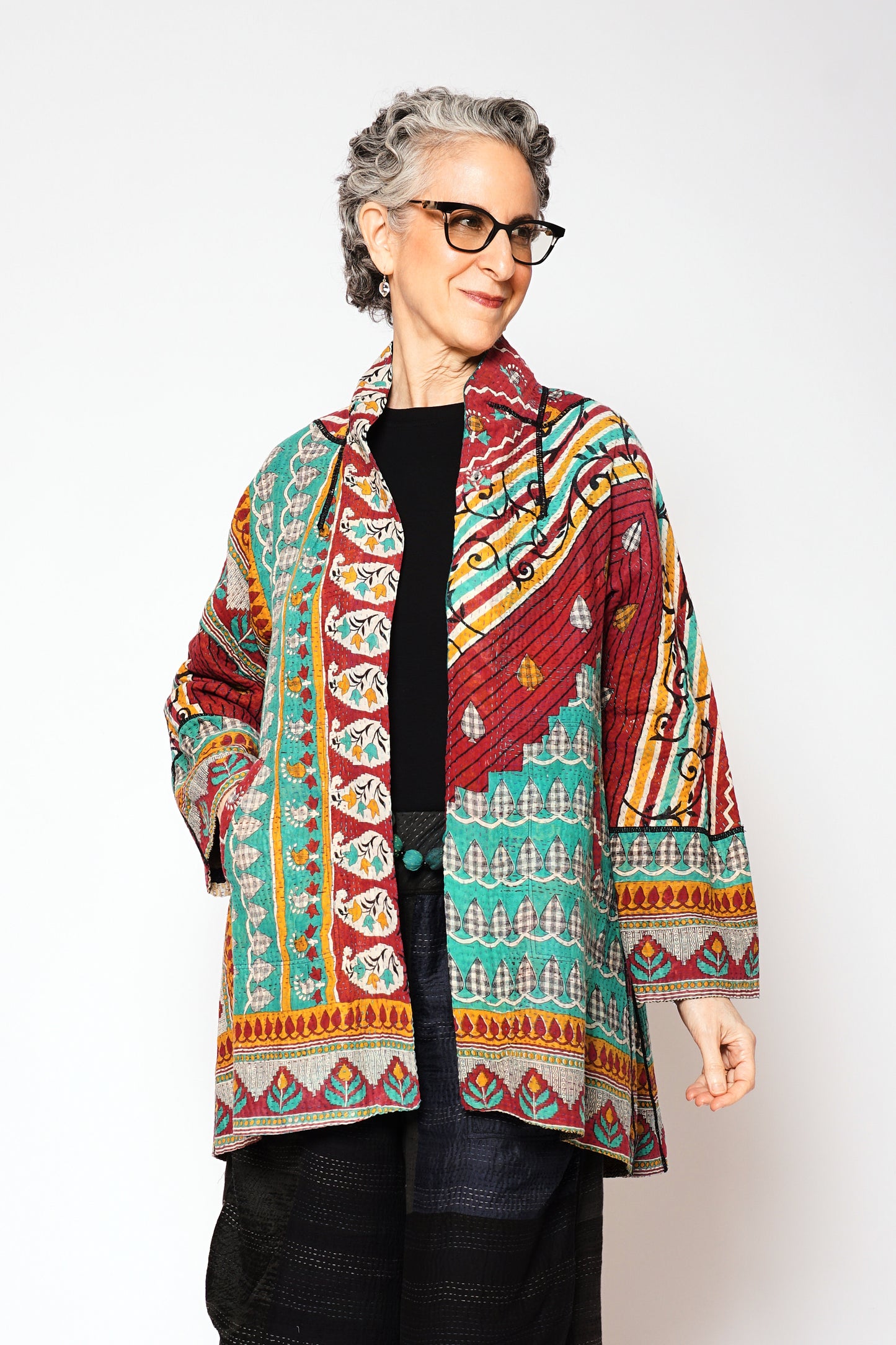 VINTAGE COTTON KANTHA FLARE LONG JACKET - cv4021-5002s -