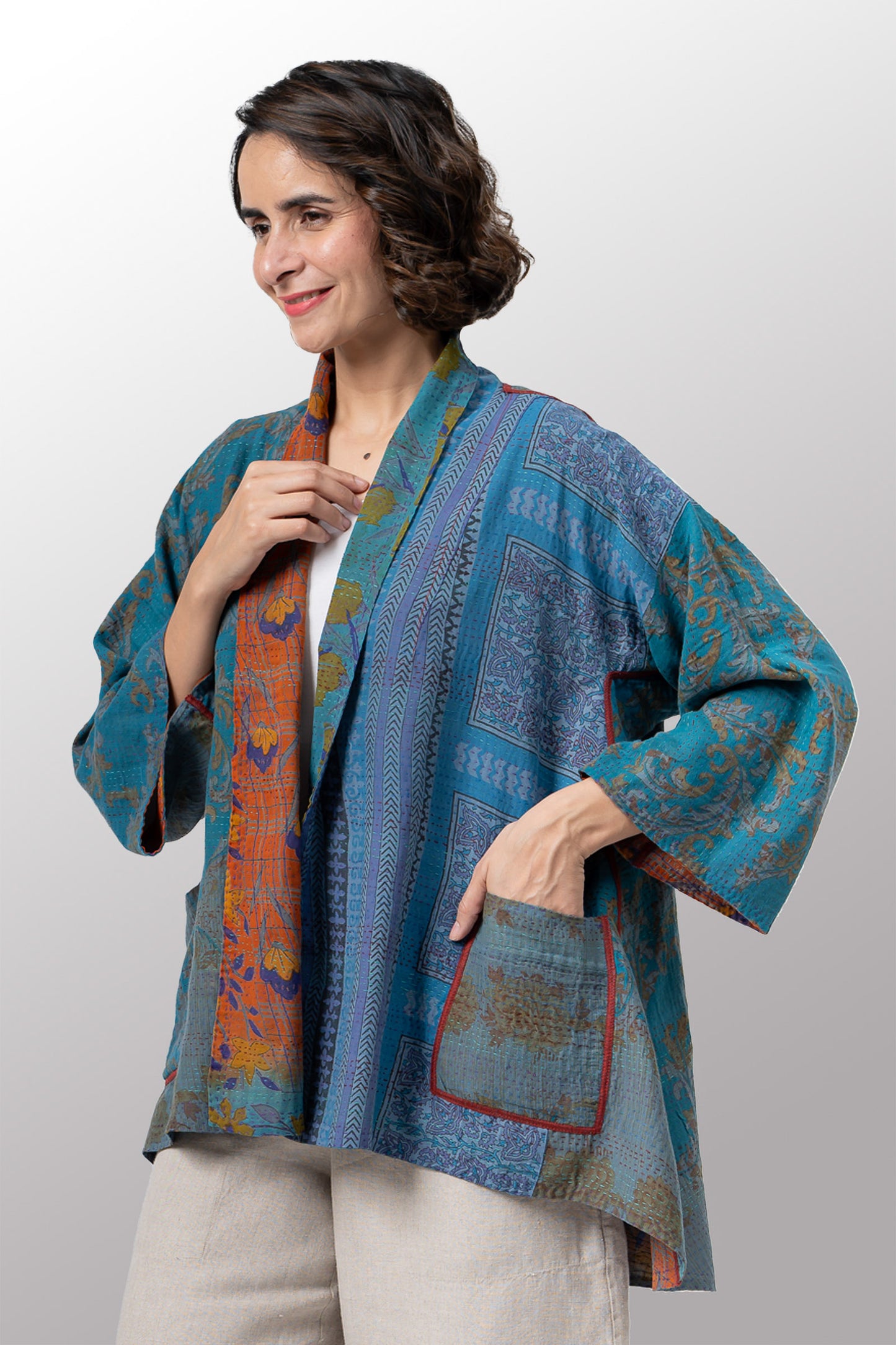 VINTAGE SILK GEORGETTE COTTON KANTHA KIMONO JKT - gc2004-0008a -