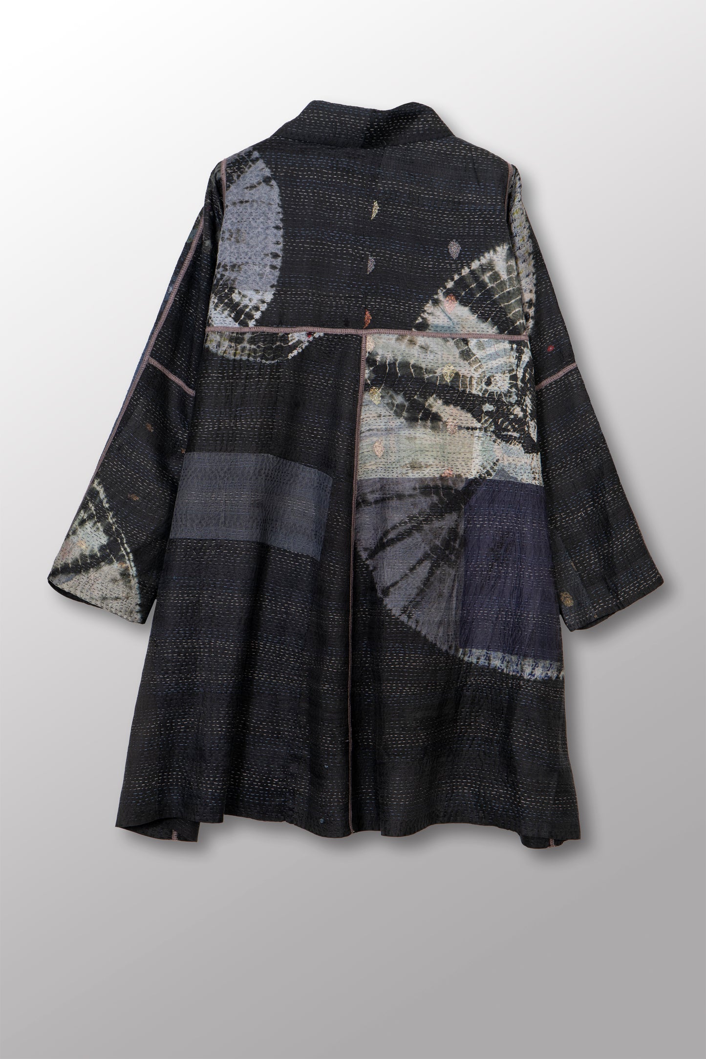 TIE DYE CIRCLE SHIBORI KANTHA A-LINE DUSTER - td2311-blk -