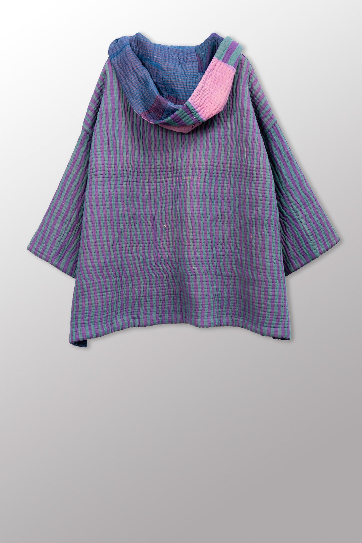 QUILTED OVERDYE COTTON KANTHA HOODIE PONCHO - oq5064-cblu007a -