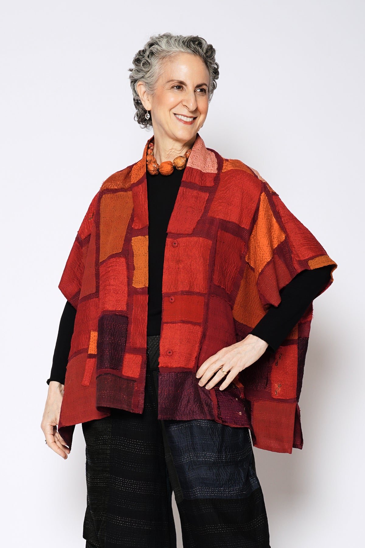 TONAL TILE PATCH KANTHA PONCHO TOP - tt2568-red -