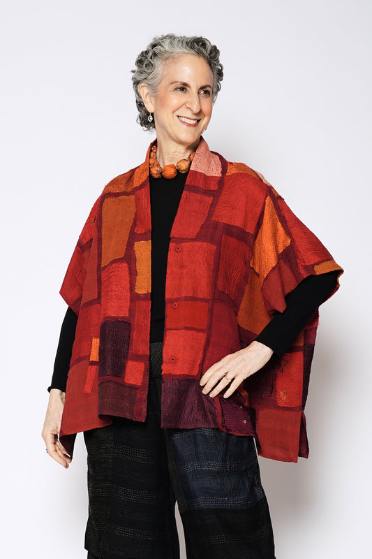 TONAL TILE PATCH KANTHA PONCHO TOP - tt2568-red -
